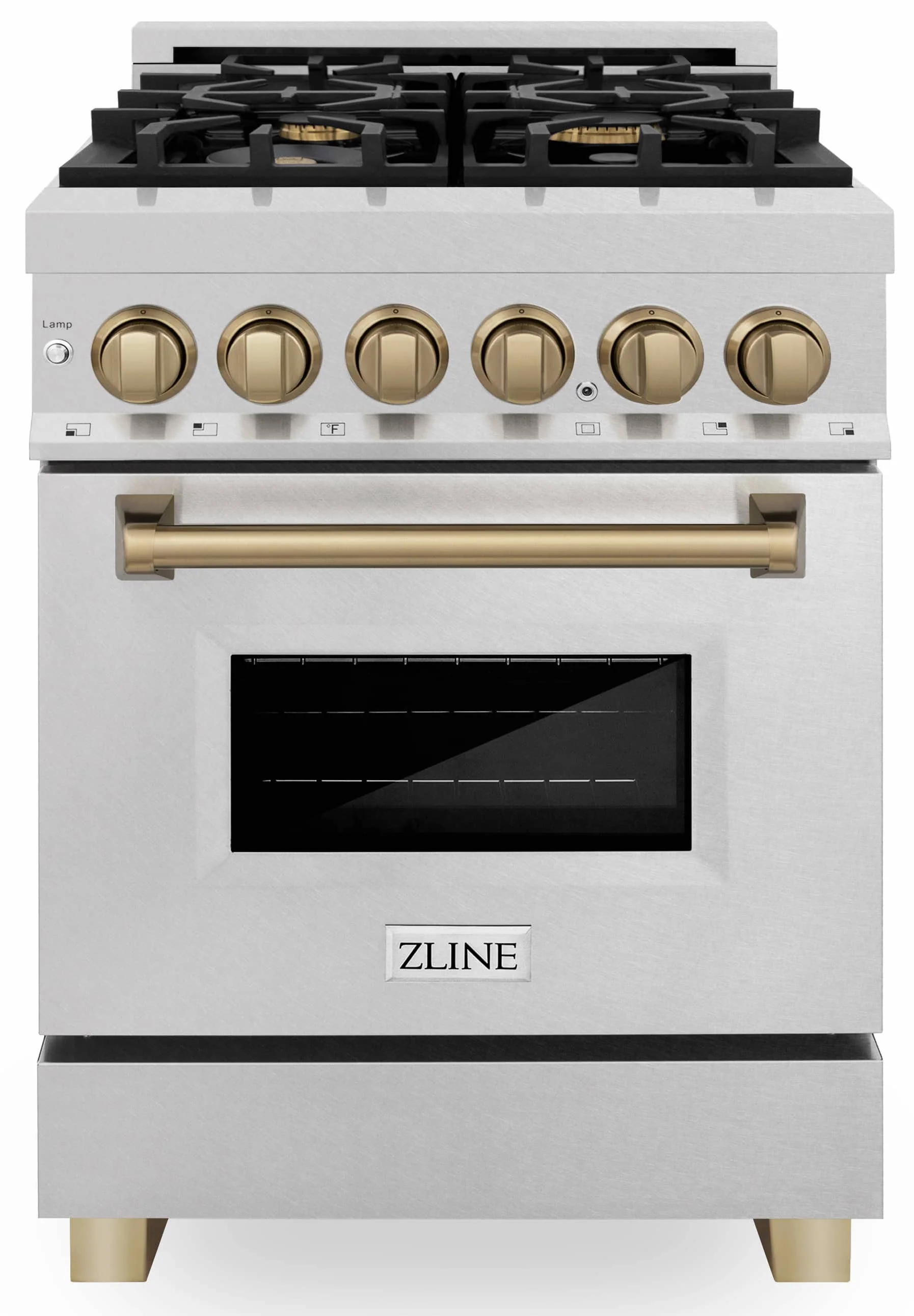 ZLINE Legacy Series Autograph Edition 24-inch Dual Fuel Range with Gas Stove and 2.8 Cu. Ft. Electric Oven in Fingerprint Resistant Satin Stainless Steel with Champagne Bronze Accents (RASZ-SN-24-CB)