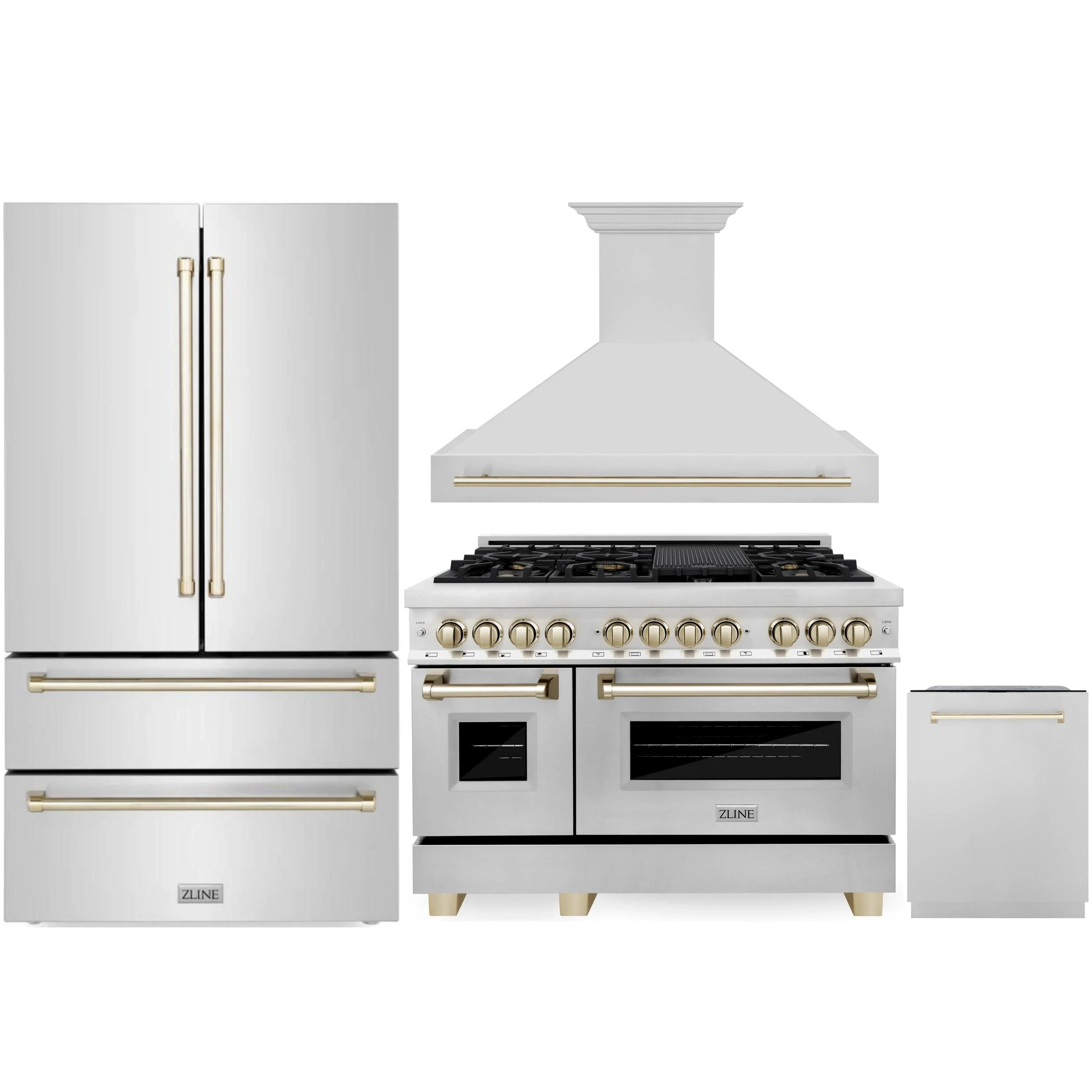 ZLINE Autograph Edition 4-Piece Appliance Package - 48-Inch Dual Fuel Range, Refrigerator, Wall Mounted Range Hood, & 24-Inch Tall Tub Dishwasher in Stainless Steel with Gold Trim (4KAPR-RARHDWM48-G)