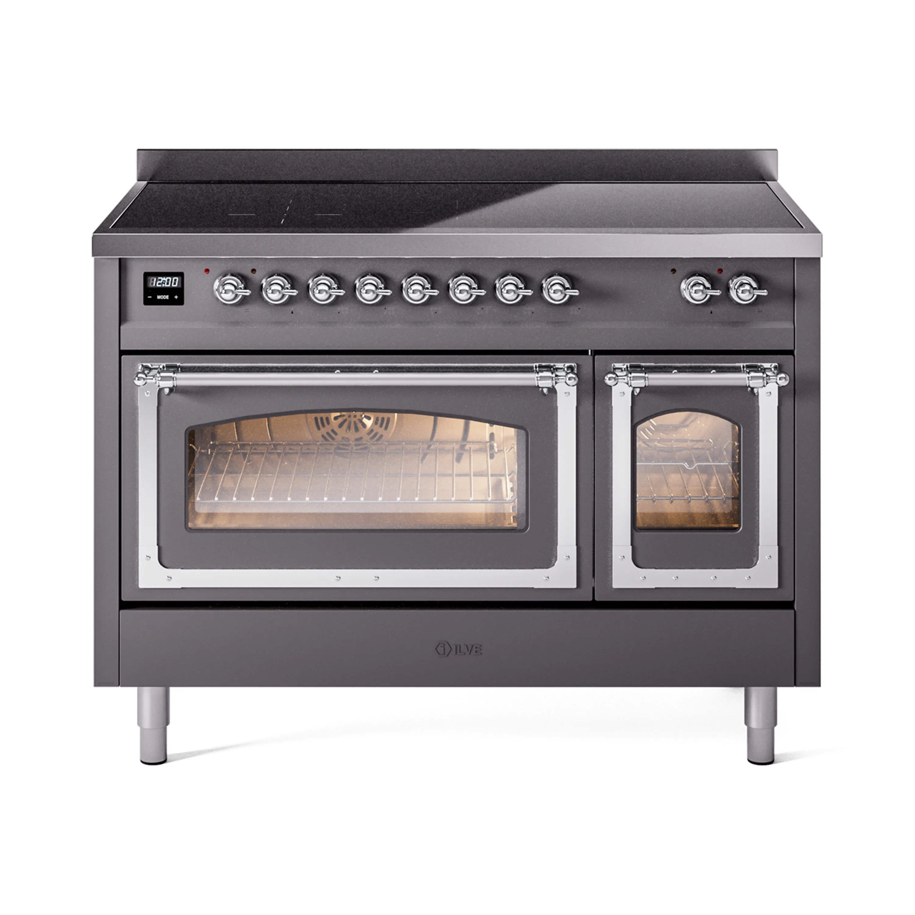 ILVE Nostalgie II Noblesse 48-Inch Induction Range with Triple Glass Door in Matte Graphite with Chrome Trim (UNI486NMPMGC)