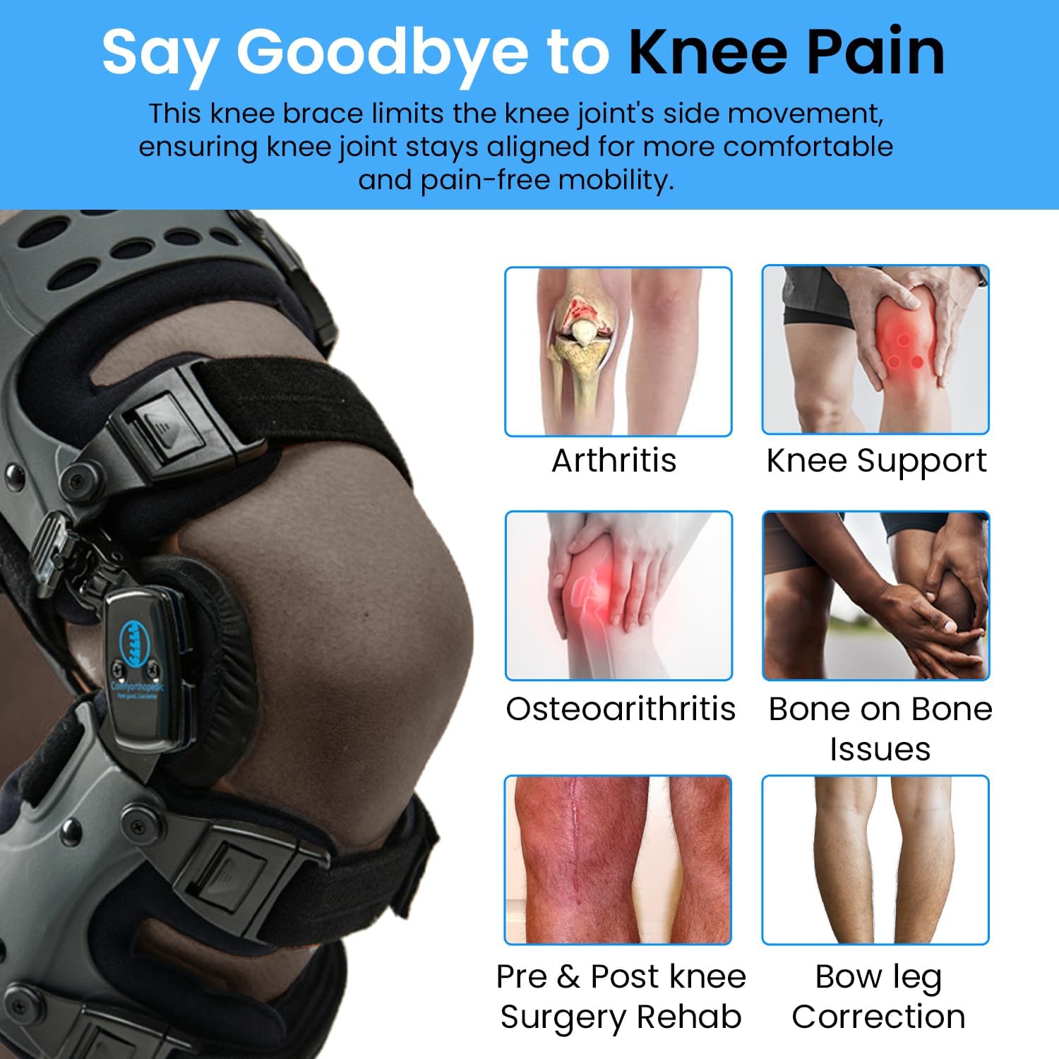 Comfyorthopedic Men & Women OA Unloader Knee Brace, Medial Arthritis Pain & Osteoarthritis Offloader, Bone on Bone Cartilage Joint Support, L1851 L1843 Upgraded Built-in Hex Key, Right Fits Up to 32in Plus Size Thigh