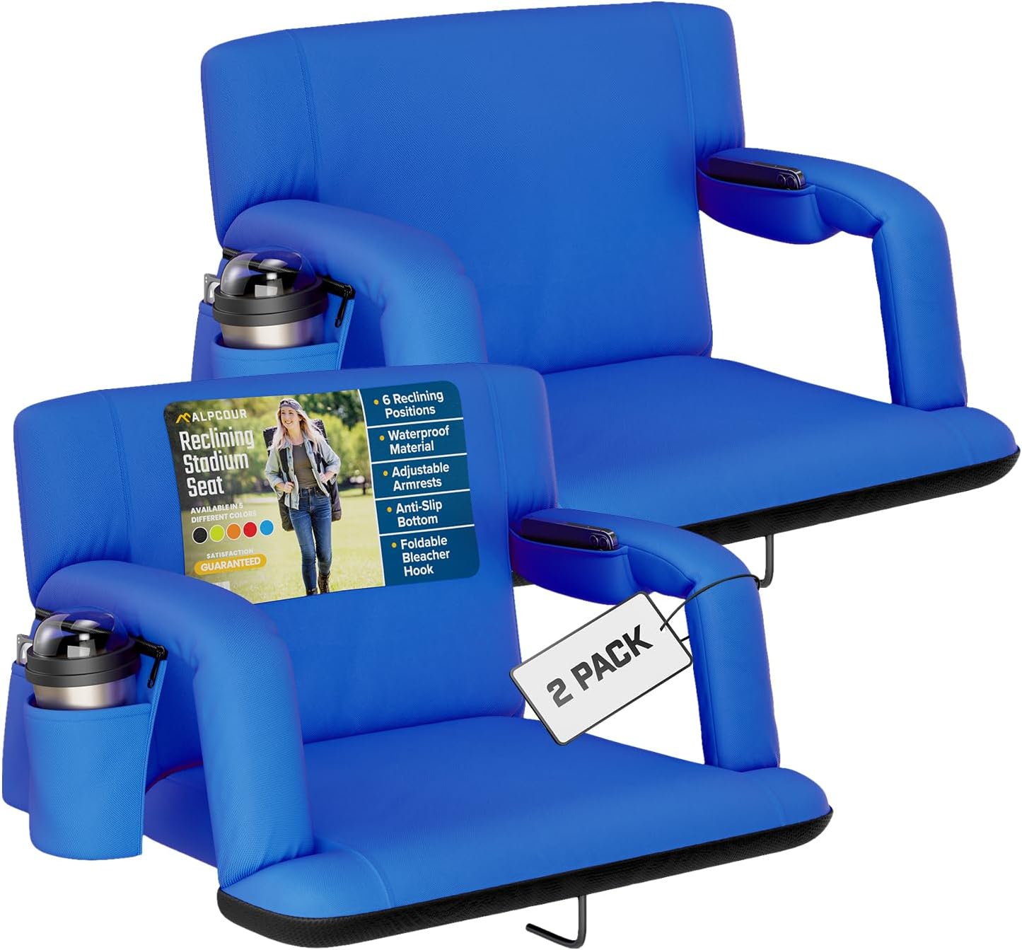 Alpcour Reclining Stadium Seat – Wide Bleacher Chair with Back Support and Cushion, Armrests, Side Pockets, and Bleachers Hook – Best Stadium Seats Chairs for Camping, Kayak, & Paddle Board Backs