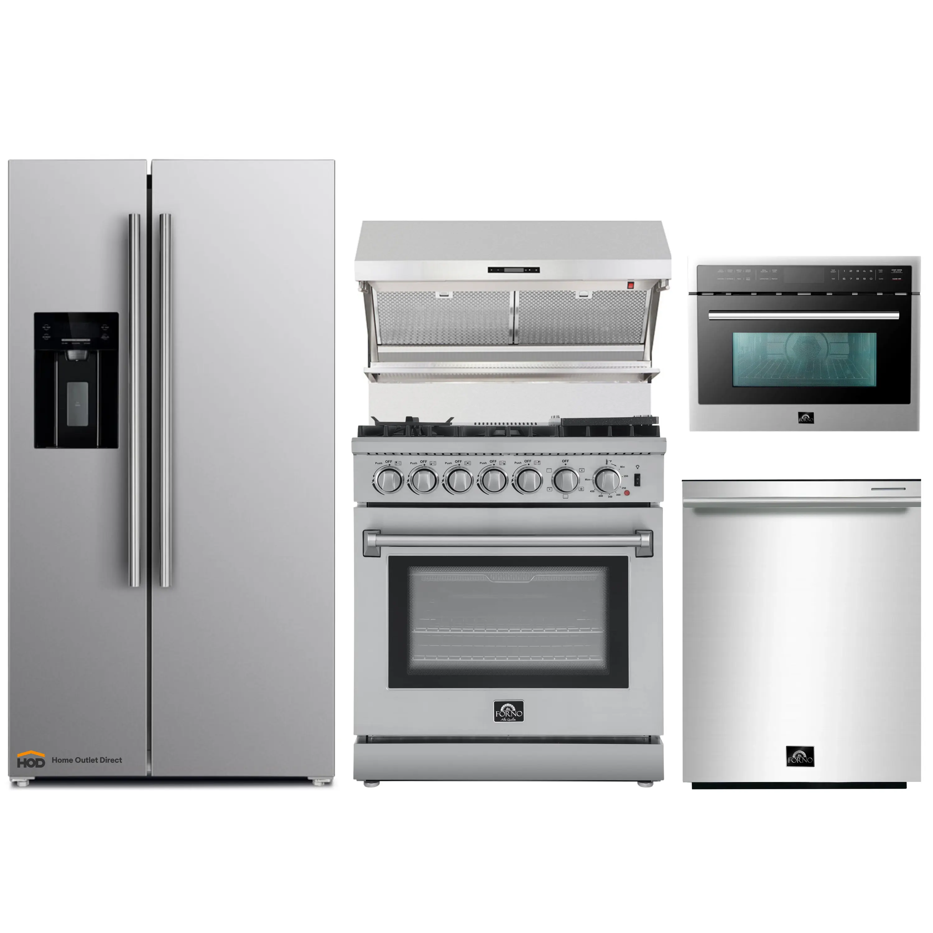 Forno 5-Piece Appliance Package - 30-Inch Dual Fuel Range with Air Fryer, Refrigerator with Water Dispenser, Wall Mount Hood with Backsplash, 24-Inch Microwave Oven, & 3-Rack Dishwasher in Stainless Steel