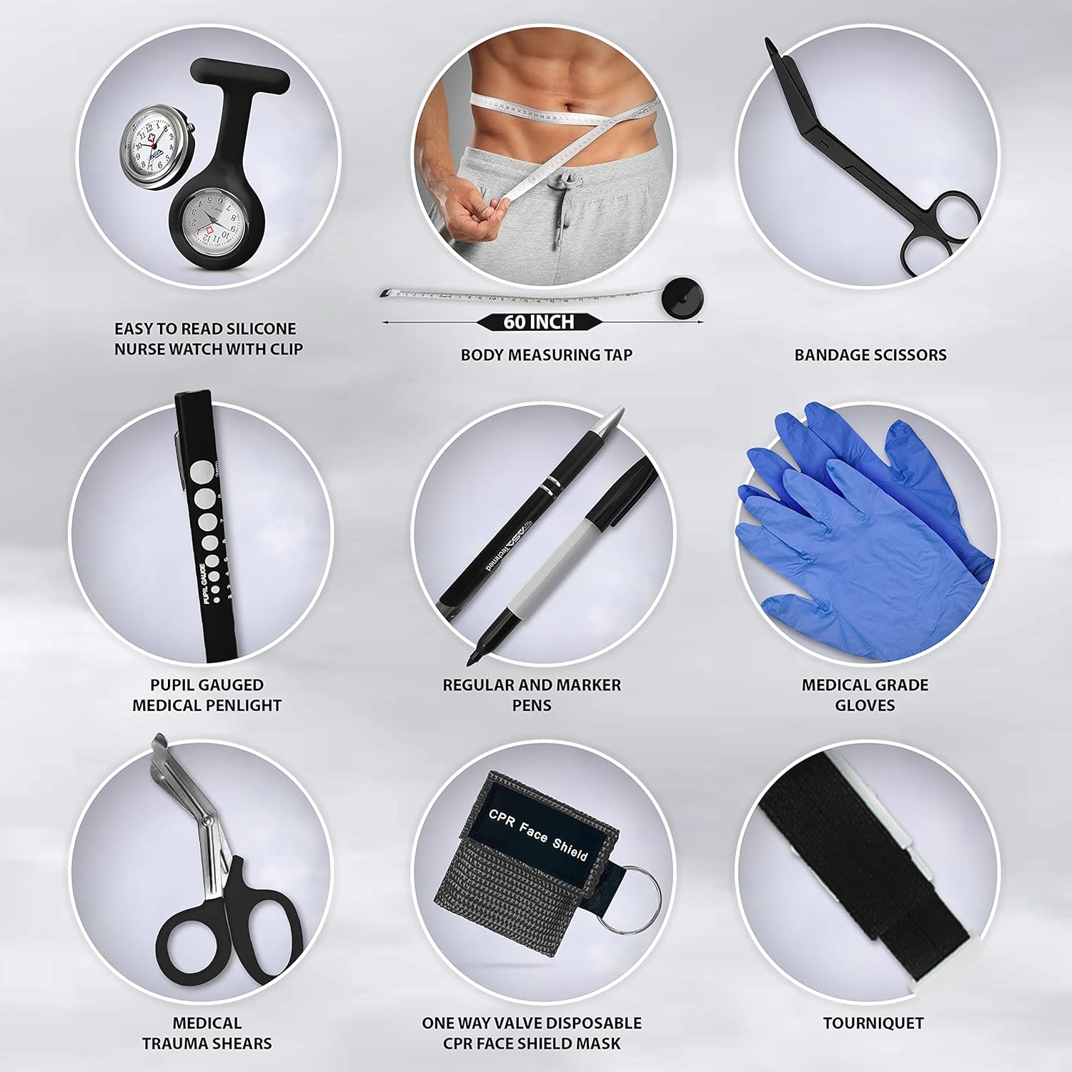 ASA TECHMED Physical Therapy Home Health Aide Comprehensive Kit - Carrying Bag, Blood Pressure Cuff, Stethoscope, Gait Belt - Black