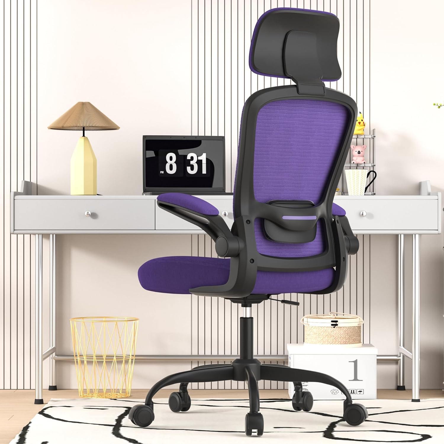 Ergonomic Mesh Office Chair for Long Hours & Back Pain Relief – Adjustable Lumbar Support & Headrest, High-Density Foam Cushion, Flip-Up Armrests, Perfect for Work & Study (Black-Purple)