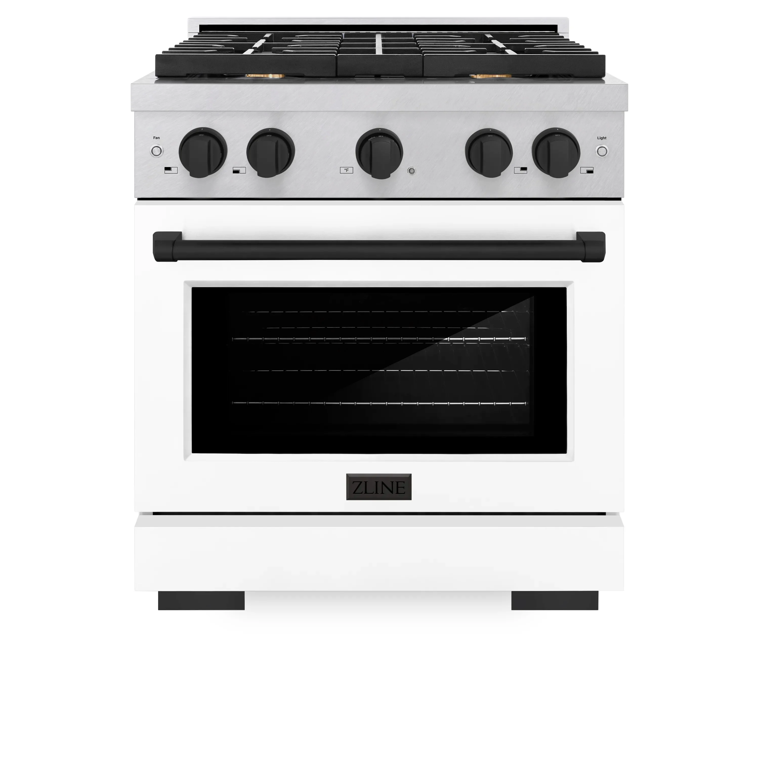 ZLINE Autograph Edition 30-Inch 4.2 cu. ft. Paramount Dual Fuel Range with 4 Burner Gas Cooktop and Electric Convection Oven in Satin Stainless Steel with White Matte Door and Matte Black Accents (SDRSZ-WM-30-MB)