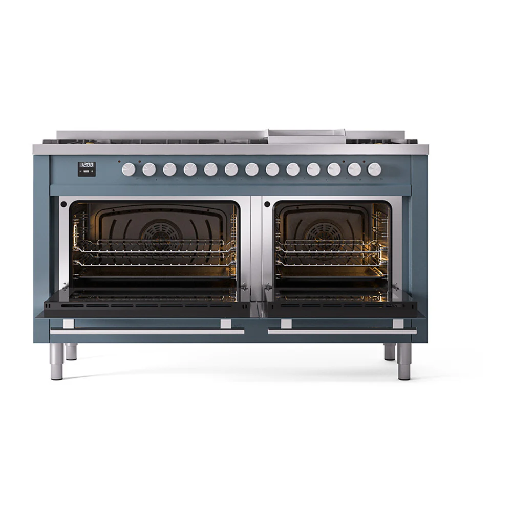 ILVE 60-inch Professional Plus II Dual Fuel Range with 9 Burners, Griddle, and Solid Door Oven in Blue Grey (UP60FQMPBG)