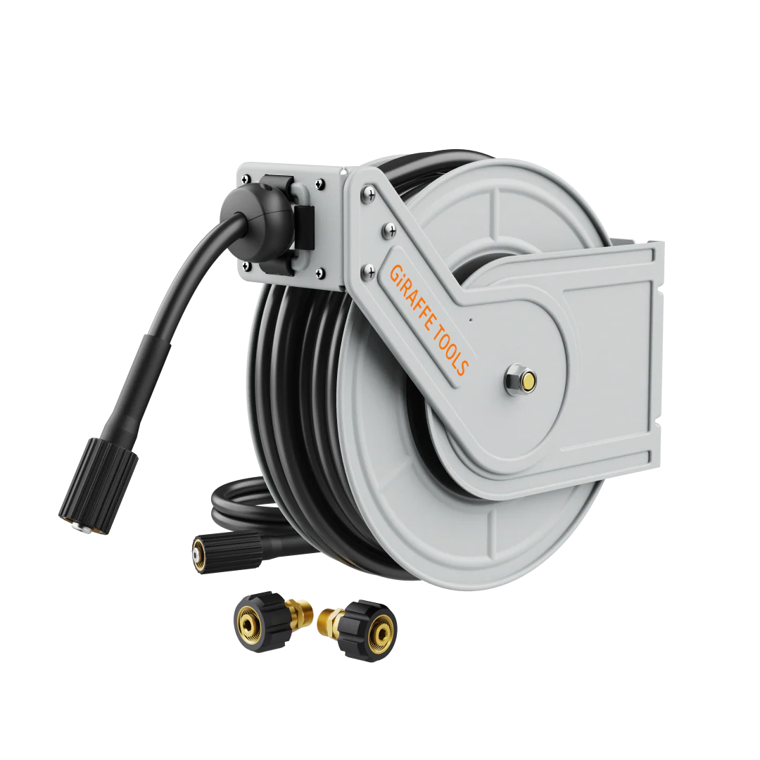 Giraffe Tools 1/4-Inch 60-65 Ft Retractable Pressure Hose Reel with Auto-Rewind