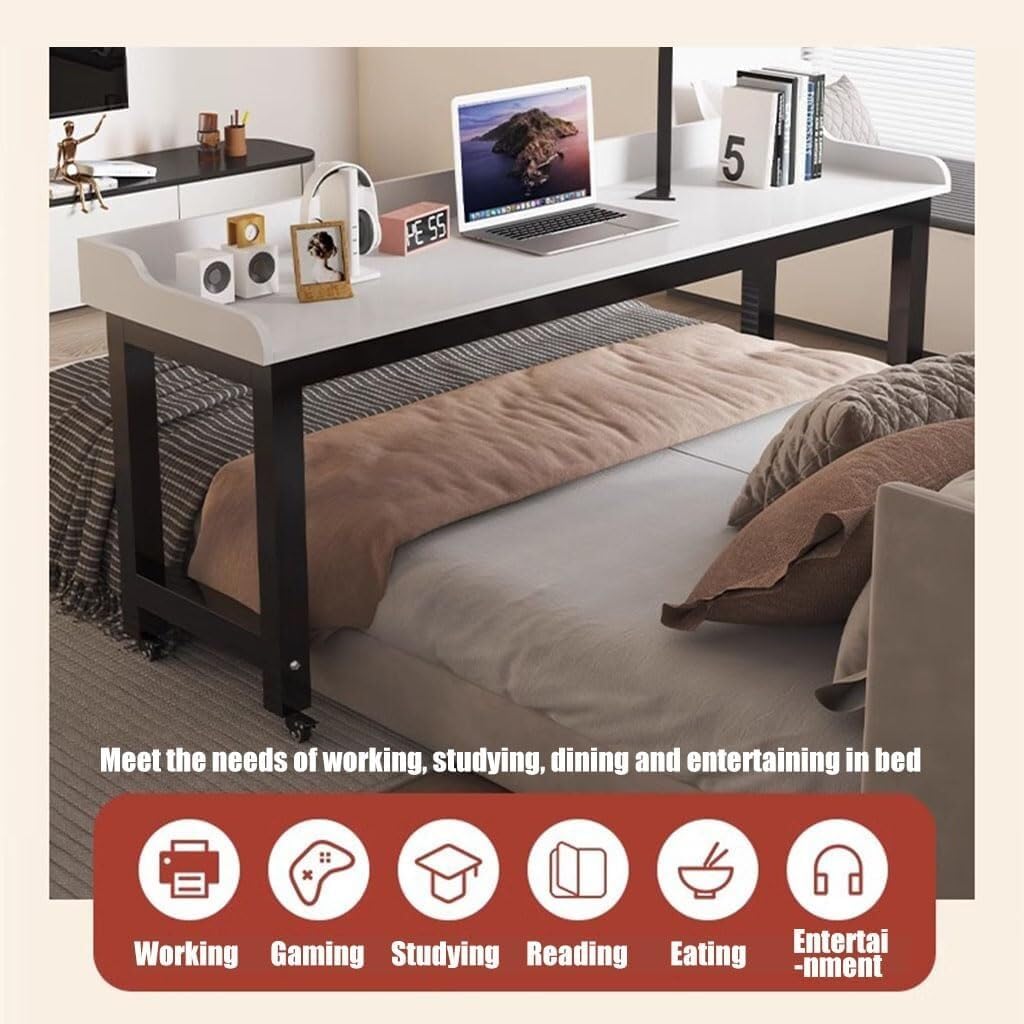 Adjustable Overbed Table with Lockable Wheels – 200x60cm Rolling Laptop Desk for Bed, Sofa & Home Office Use(170x50x80cm)