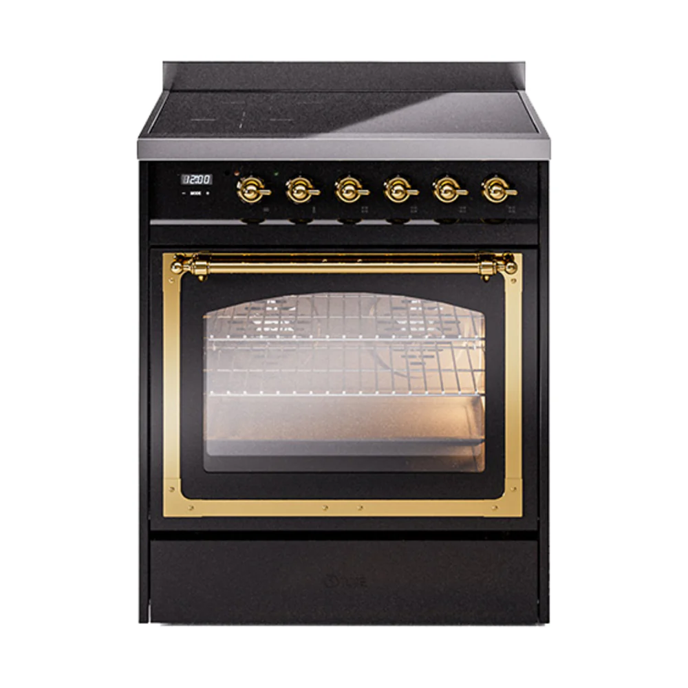 ILVE Nostalgie II Noblesse 30-Inch Induction Range with Triple Glass Door in Glossy Black with Brass Trim (UNI304NMPBKG)