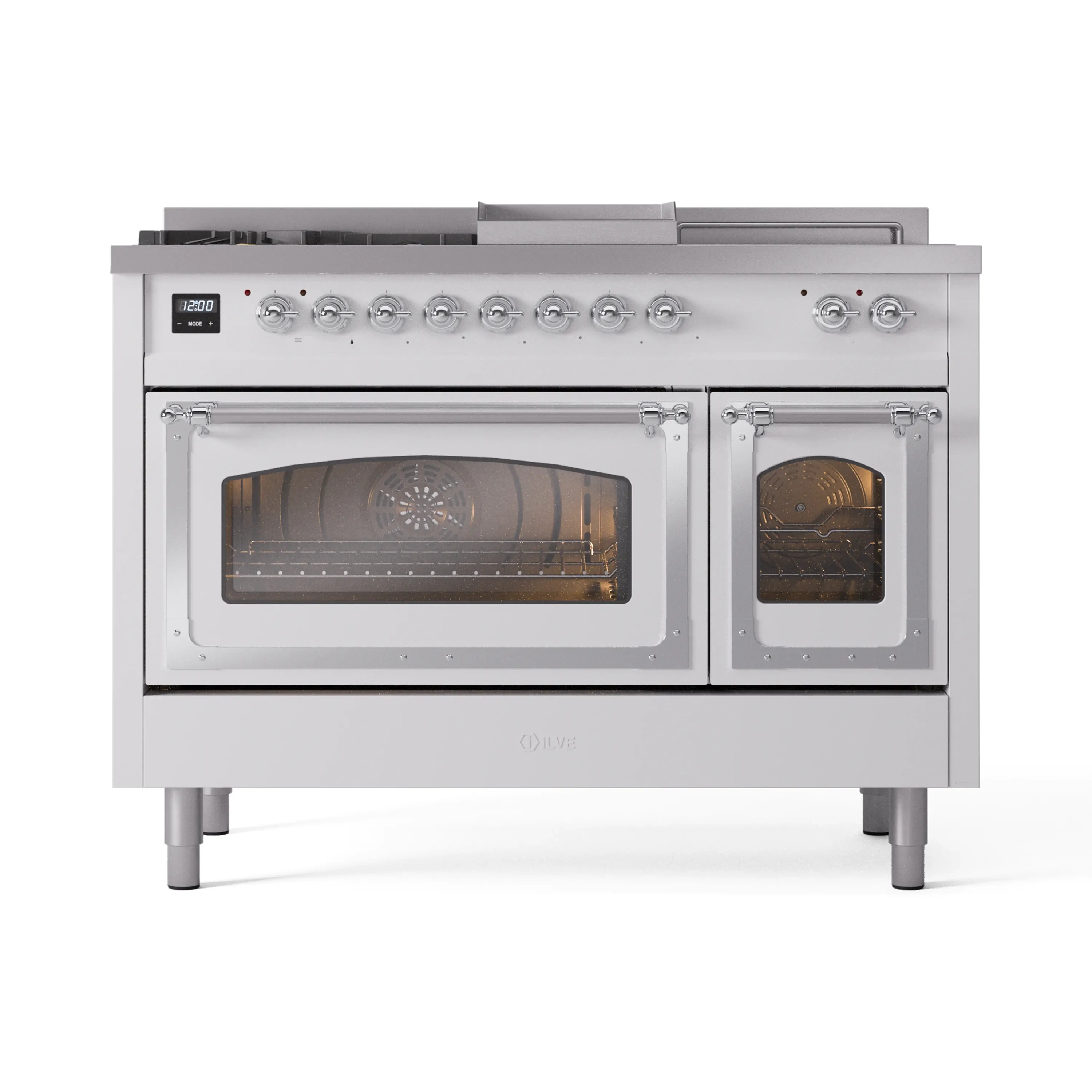 ILVE 48-Inch Nostalgie II Noblesse Dual Fuel Range with 5 Sealed Burners, Griddle, French Top and Triple Glass Door Oven in White with Chrome Trim (UN48FSNMPWHC)