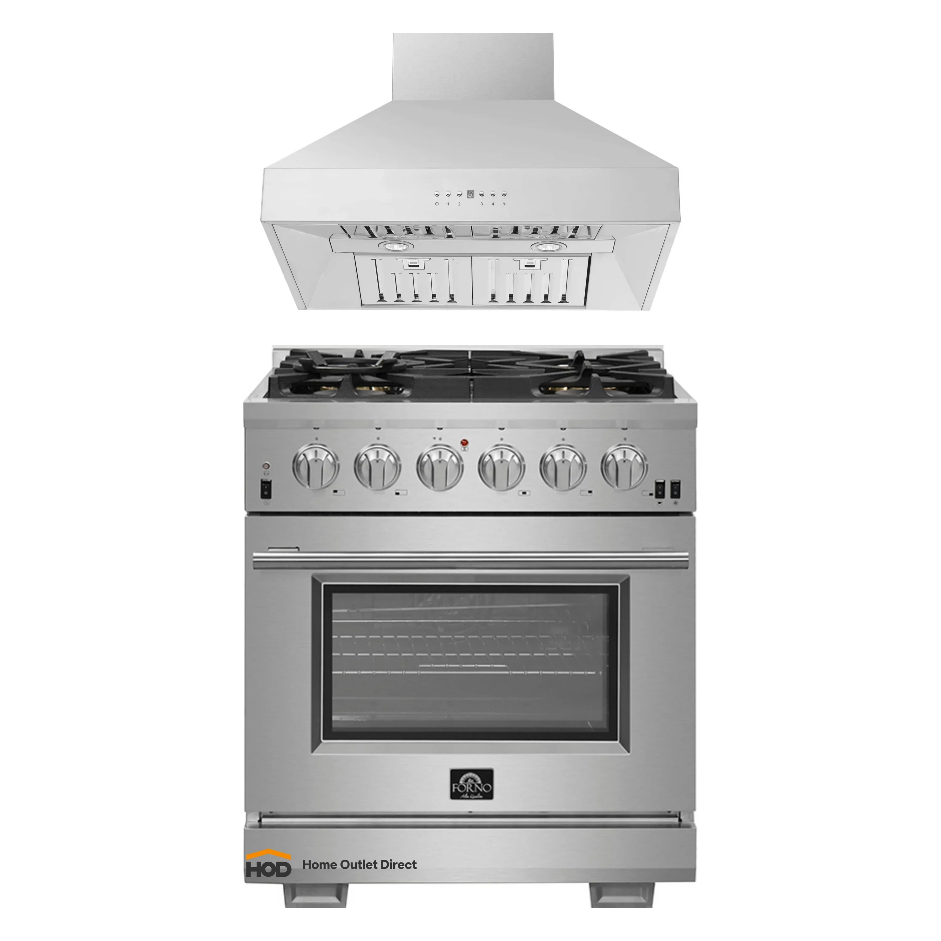 Forno 2-Piece Pro Appliance Package - 30-Inch Gas Range & Wall Mount Hood in Stainless Steel