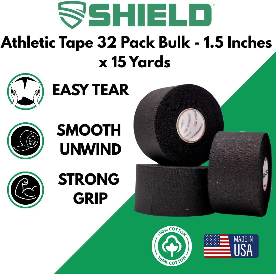 SHIELD Athletic Tape - 32-Roll Bulk Pack - Made in USA, Comfortable, Easy Tear, Strong Hold, No Residue. Pro-Grade for Trainers, Gyms, Schools, Athletes - 1.5 in x 15 yd (Black)