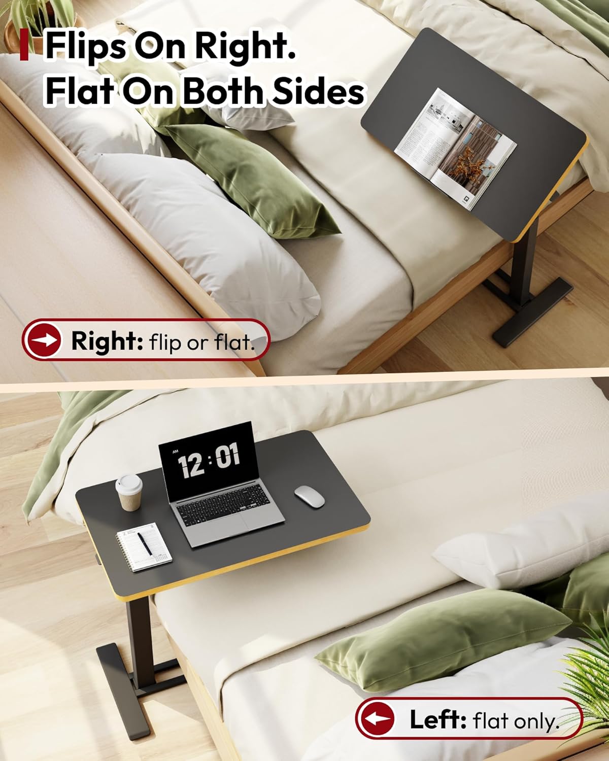 SANODESK Medical Adjustable Overbed Bedside Table with Casters 90° Tilt Top Pneumatic Mobile Rolling Laptop Computer Standing Desk Cart with Tray, Hospital and Home Use(27.6