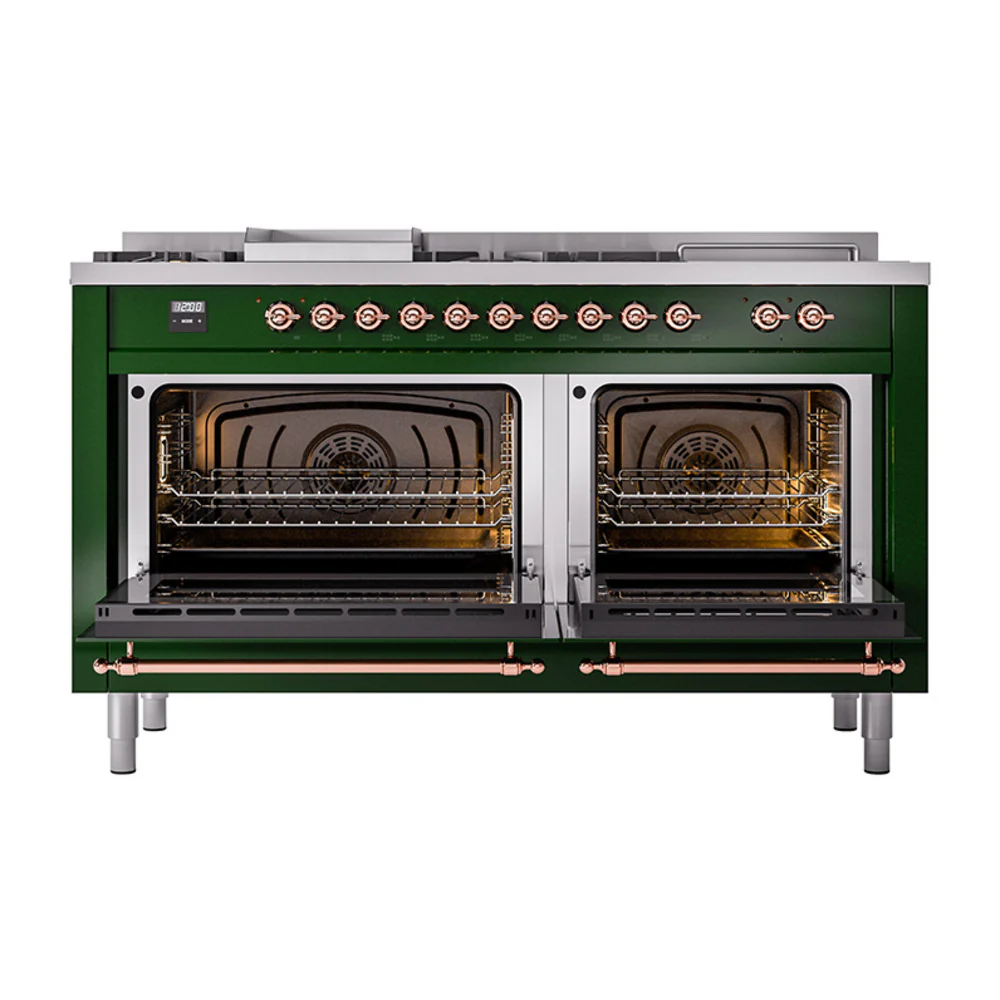 ILVE Nostalgie II 60-Inch Dual Fuel Range with 7 Burners, Griddle, & French Top with Solid Door Oven in Emerald Green with Copper Trim (UP60FSQNMPEGP)