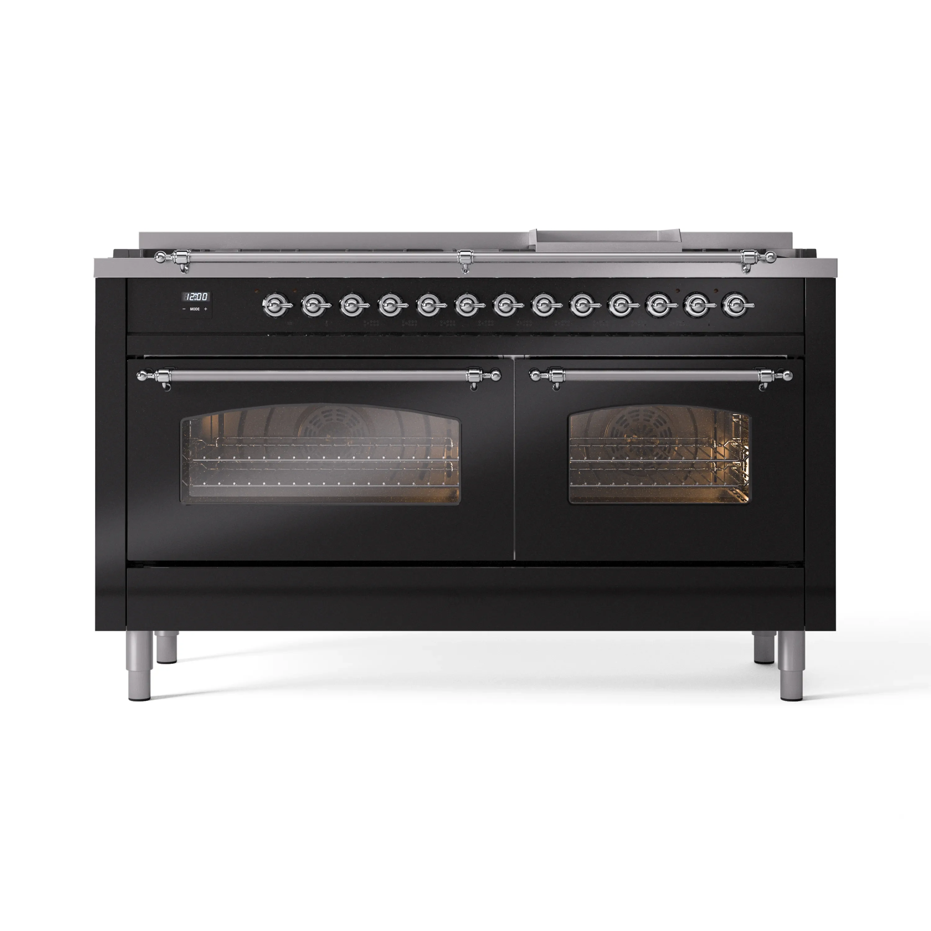 ILVE 60-Inch Nostalgie II Dual Fuel Range with 9 Burners, Griddle and Triple Glass Door Oven in Glossy Black with Chrome Trim (UP60FNMPBKC)