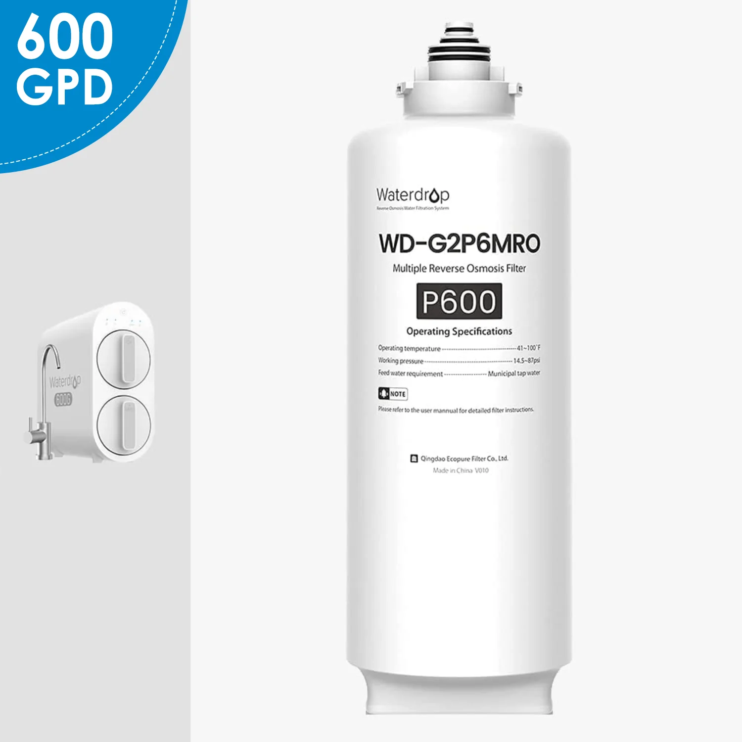 Waterdrop Filter Replacement for WD-G2P600-W Reverse Osmosis System, 2-Year Lifetime, Reduce PFAS (WD-G2P6MRO)