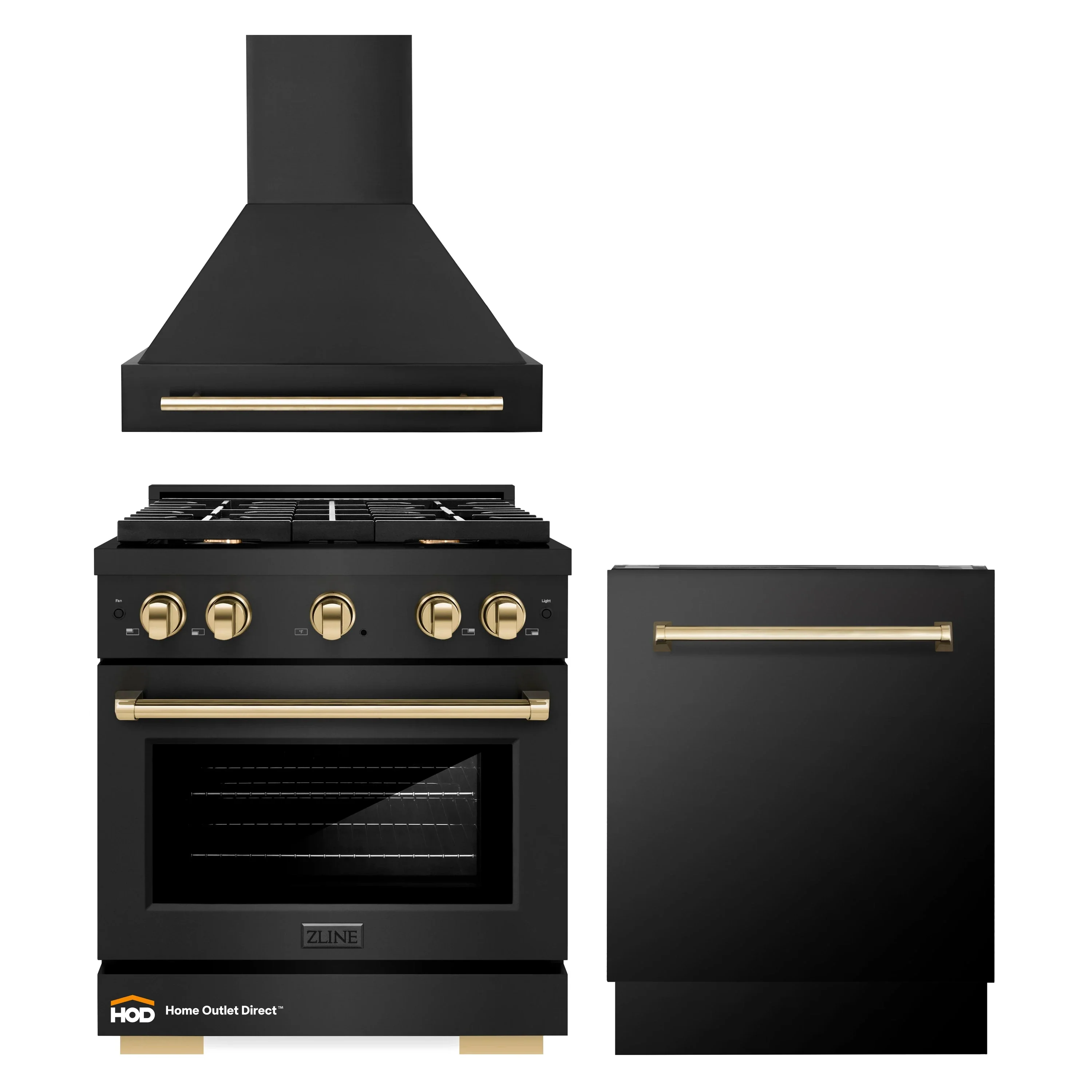 ZLINE Autograph Edition 3-Piece Appliance Package - 30-Inch Gas Range, Wall Mounted Range Hood, & 24-Inch Tall Tub Dishwasher in Black Stainless Steel with Gold Trim (3AKP-SGRBRHDWV30-G)