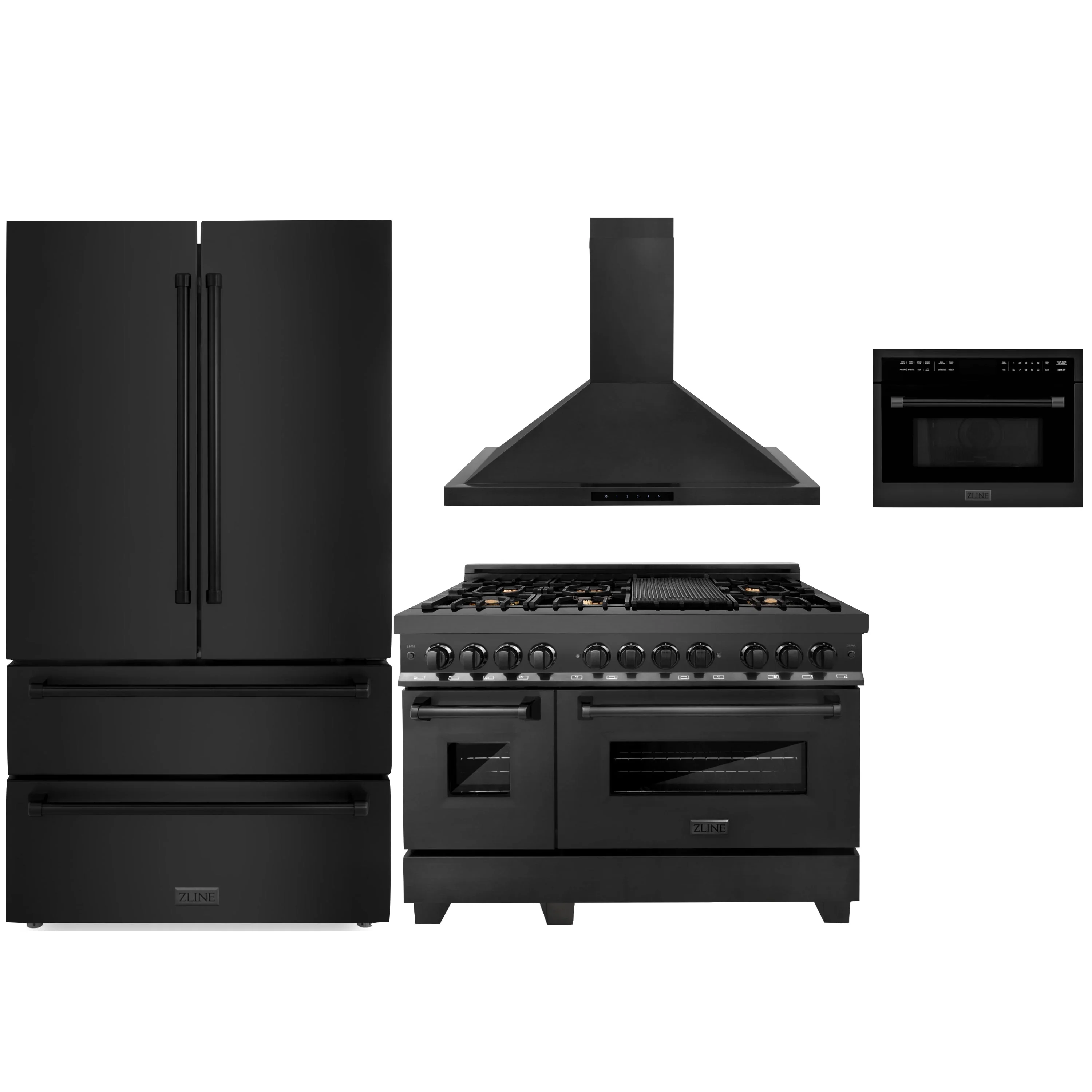 ZLINE 4-Piece Appliance Package - 48-Inch Dual Fuel Range with Brass Burners, Refrigerator, Convertible Wall Mount Hood, and Microwave Oven in Black Stainless Steel (4KPR-RABRH48-MWO)
