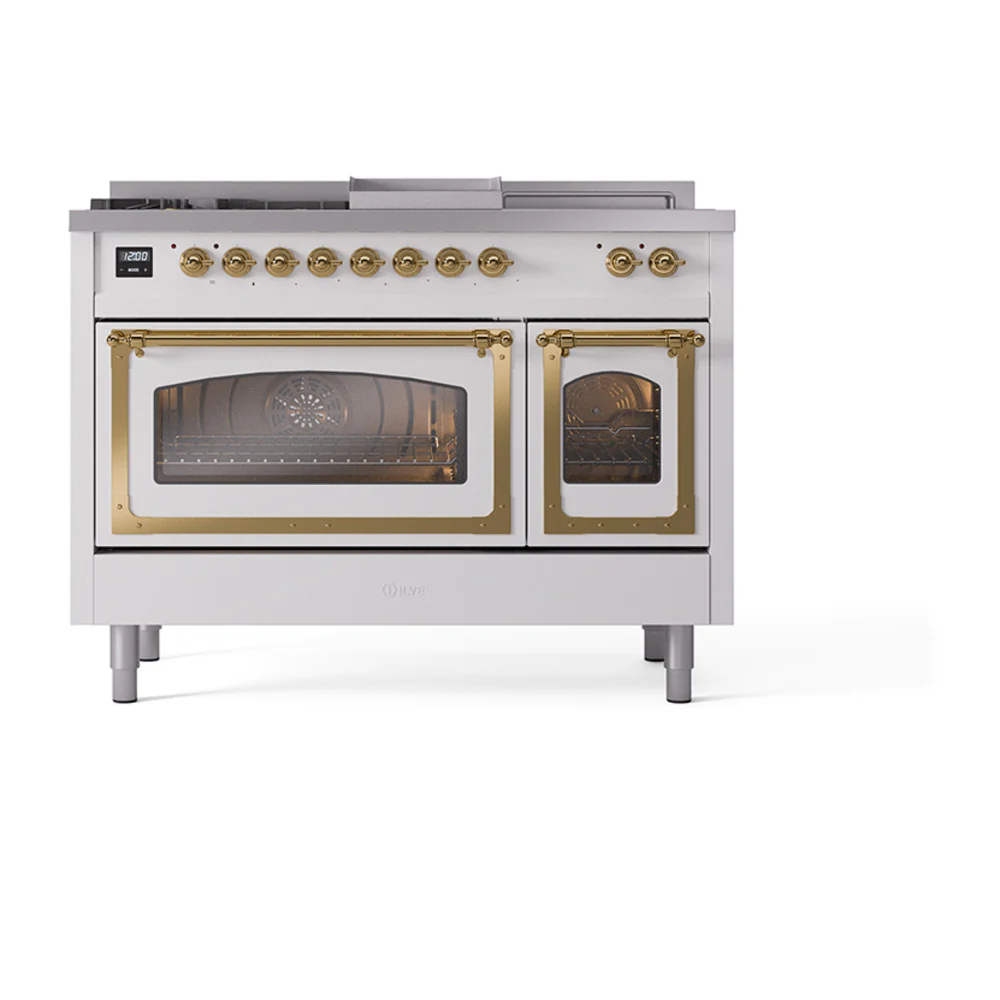 ILVE 48-Inch Nostalgie II Noblesse Dual Fuel Range with 5 Sealed Burners, Griddle, French Top and Triple Glass Door Oven in RAL with Brass Trim (UN48FSNMPRAG)