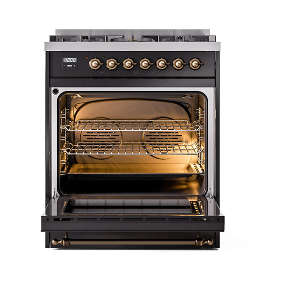 ILVE Nostalgie II 30-Inch Dual Fuel Range with Solid Door in Glossy Black with Bronze Trim (UP30QNMPBKB)