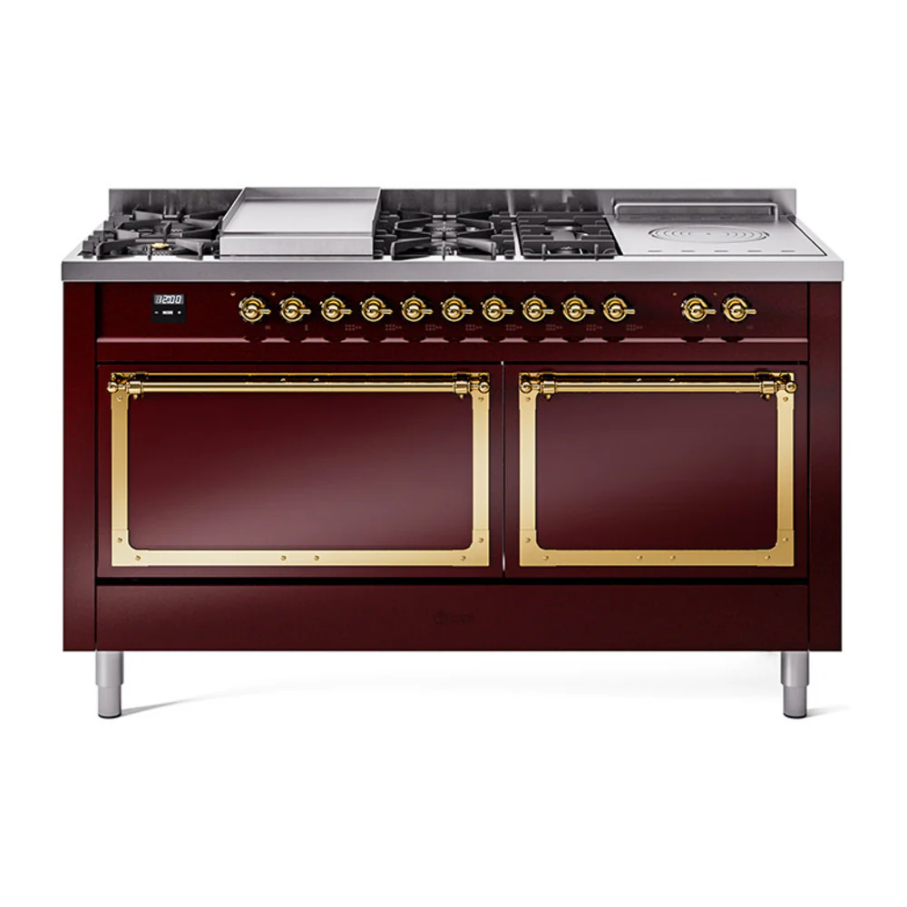 ILVE 60-Inch Nostalgie II Noblesse Dual Fuel Range with 7 Sealed Burners, Gridlde, French Top, and Solid Door Oven in Burgundy with Brass Trim (UN60FSQNMPBUG)