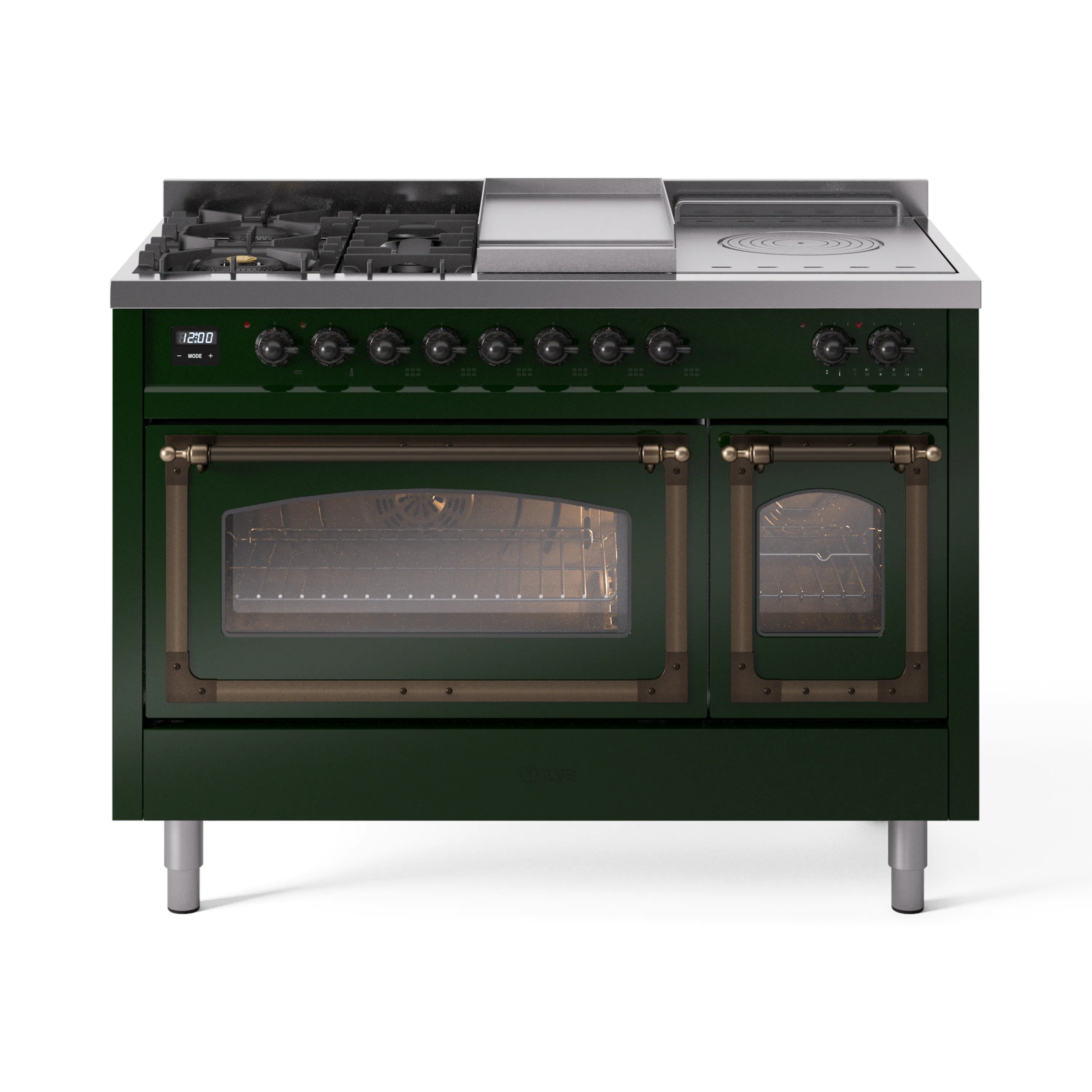 ILVE Nostalgie II Noblesse 48-Inch Dual Fuel Range with 5 Burners, Griddle, & French Top with Triple Glass Door Oven in Emerald Green with Bronze Trim (UN48FSNMPEGB)