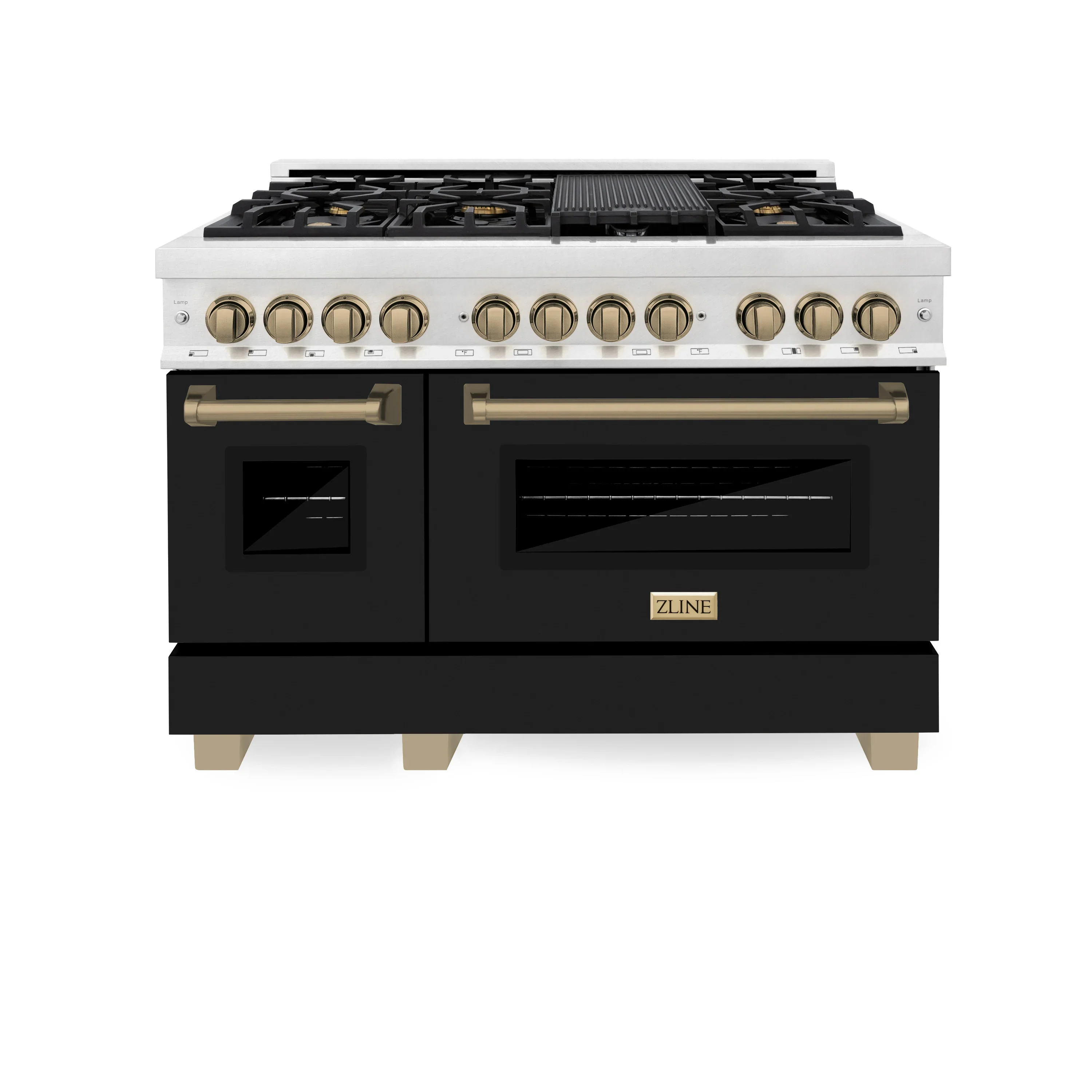ZLINE Legacy Series Autograph Edition 48-inch Dual Fuel Range with Gas Stove and 6.0 Cu. Ft. Electric Oven in Fingerprint Resistant DuraSnow® Stainless Steel with Black Matte Door and Champagne Bronze Accents (RASZ-BLM-48-CB)