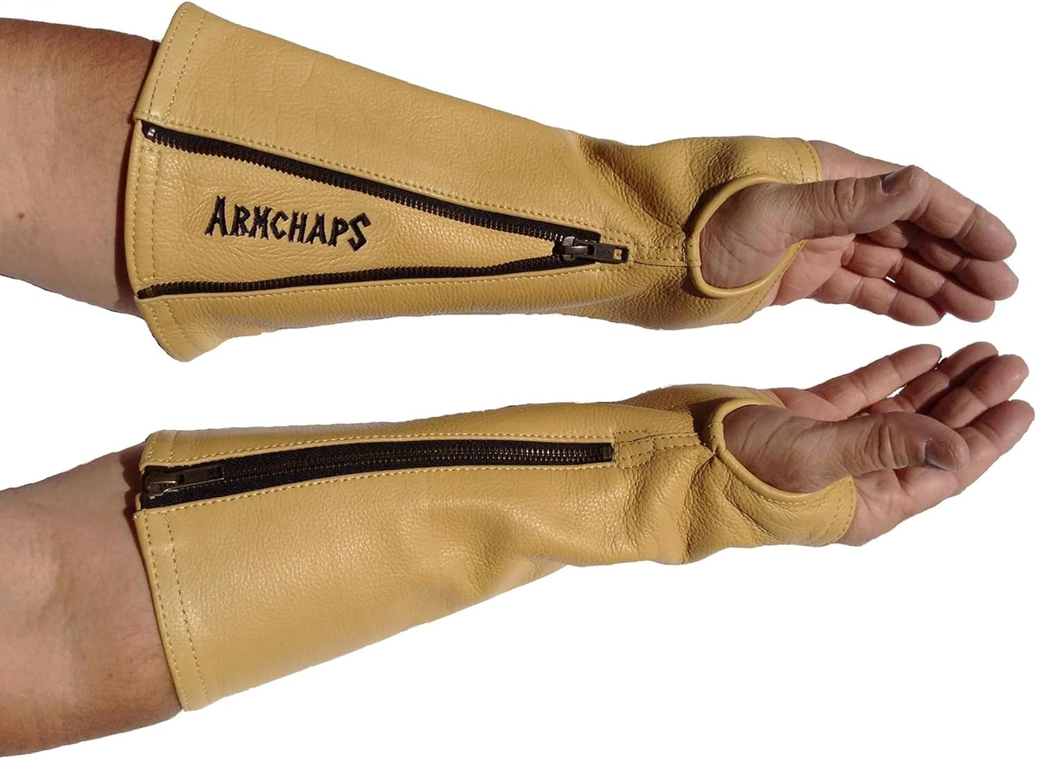 Arm Chaps Leather Protective Sleeves Arm Guard - Prevent Cuts, Scratches & Bruises - Genuine Cowhide - Ideal for Gardening & Construction - Left & Right Form-Fitting. Tan (1 Pair/XX-Small).