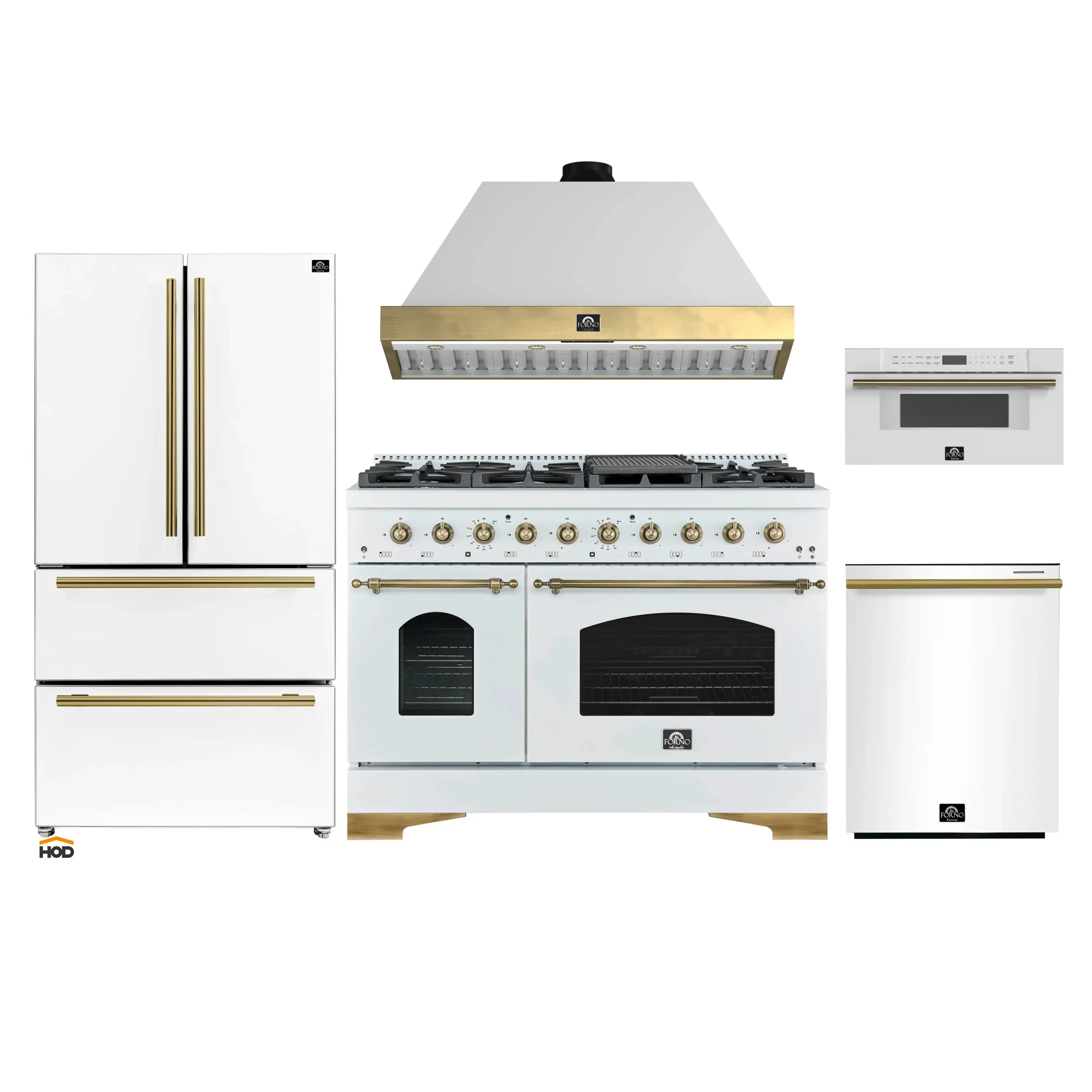 Forno Antico 5-Piece Appliance Package - 48-Inch Dual Fuel Range, 48-Inch Hood, 36-Inch Refrigerator, 24-Inch Dishwasher, & 30-Inch Microwave Drawer in White with Antique Brass Trim