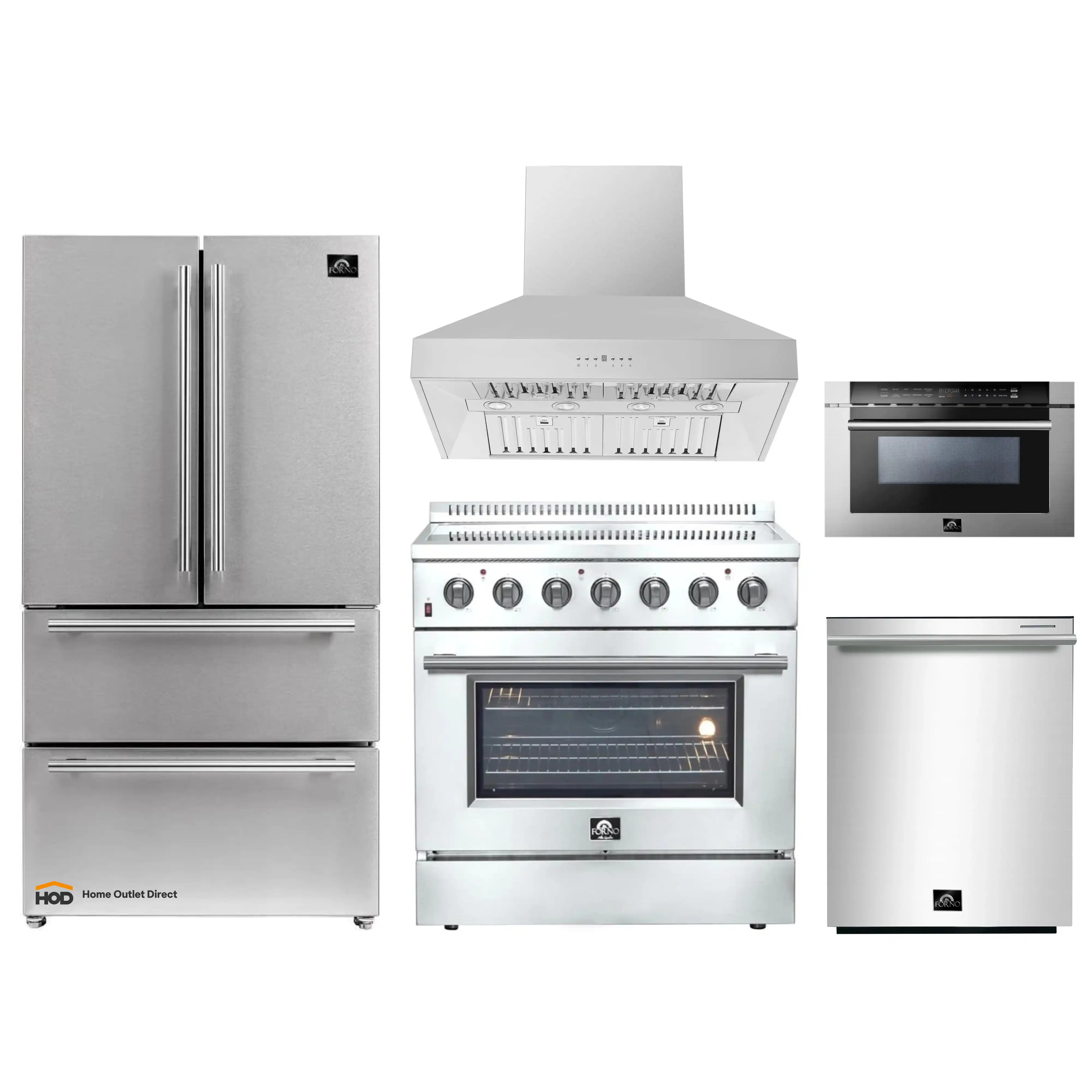 Forno 5-Piece Appliance Package - 36-Inch Electric Range, Wall Mount Range Hood, French Door Refrigerator, Dishwasher, and 24-Inch Microwave Drawer in Stainless Steel