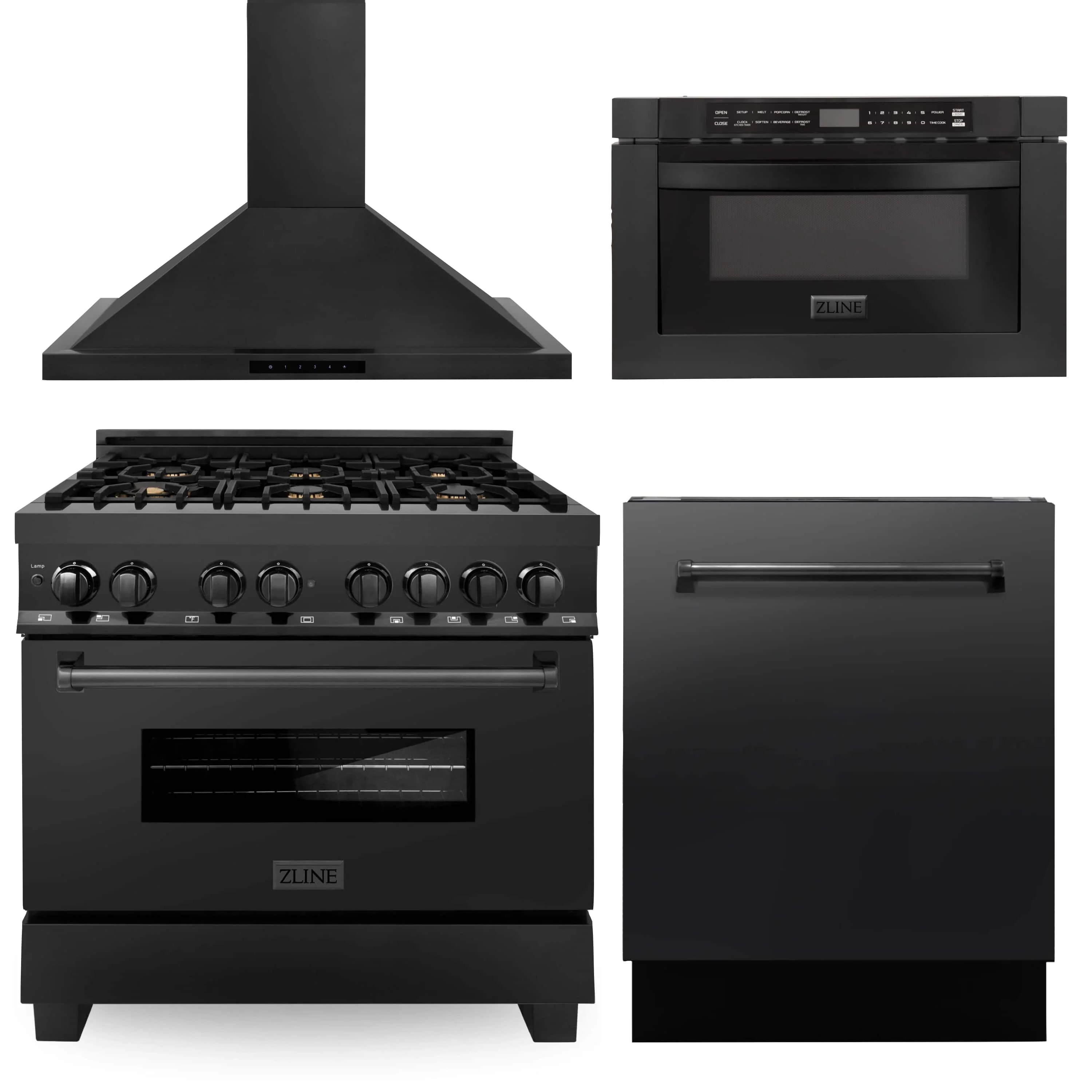 ZLINE 4-Piece Appliance Package - 36-Inch Dual Fuel Range with Brass Burners, Convertible Wall Mount Hood, Microwave Drawer, and 3-Rack Dishwasher in Black Stainless Steel (4KP-RABRH36-MWDWV)