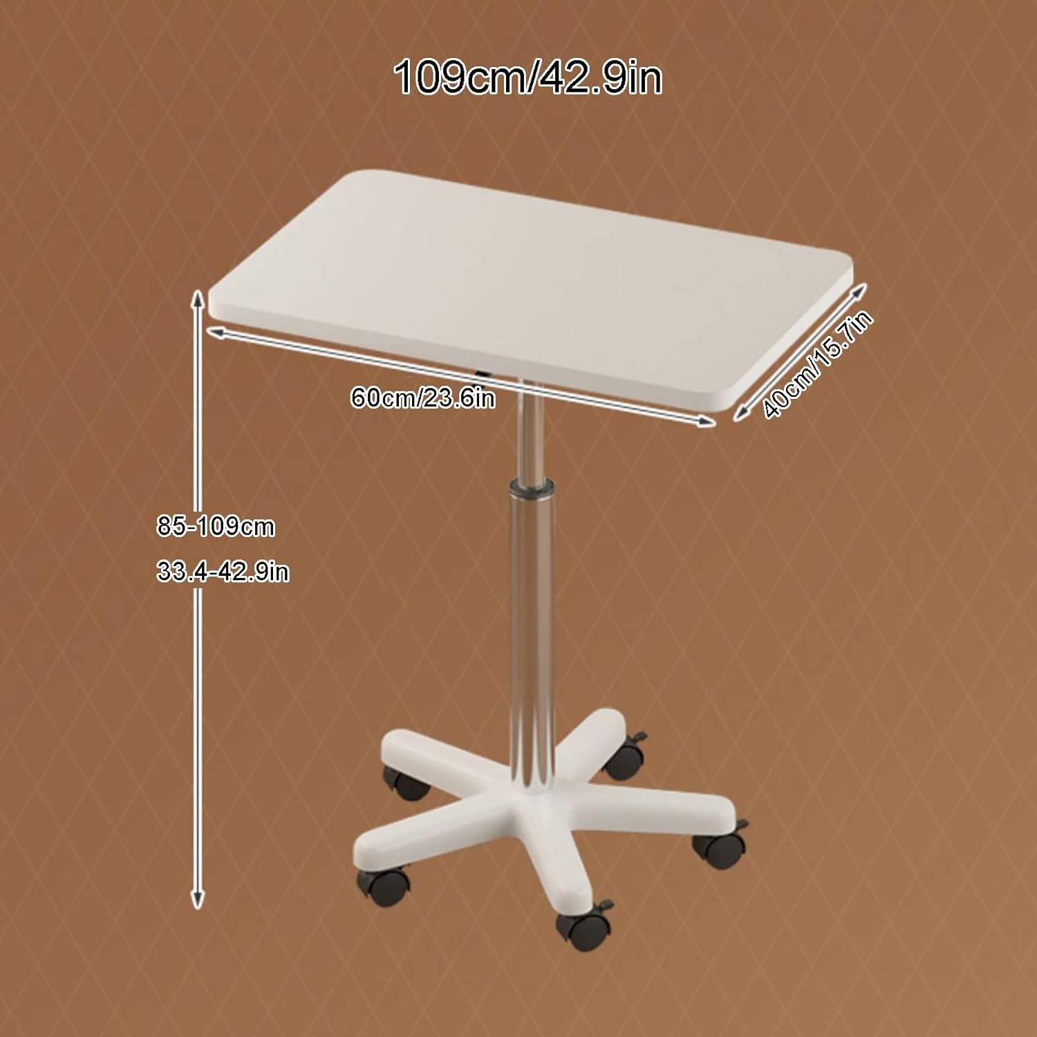 Adjustable Overbed Bedside Table with Wheels, 360° Rotation Pneumatic Mobile Standing Desk, Rolling Computer Cart Hospital Home Use(Black,109cm/42.9in)