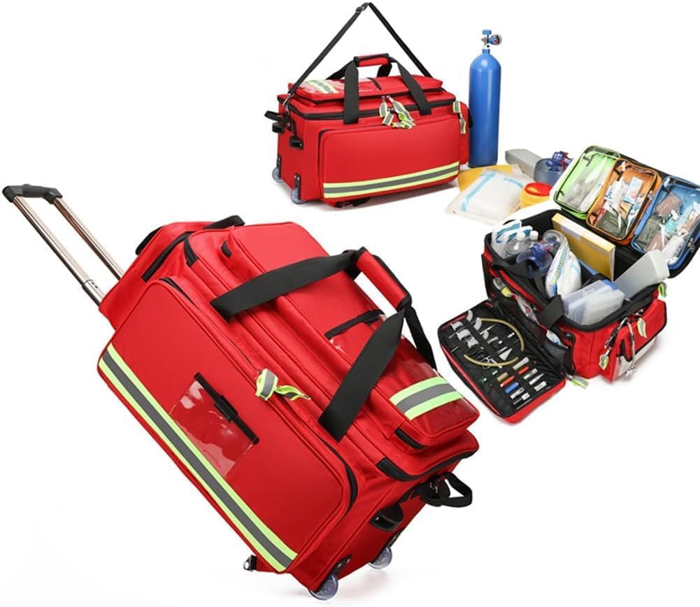 Portable First Aid Kit Bag, Large Capacity Outdoor Emergency Medical Duffle, Trolley with Inner Dividers
