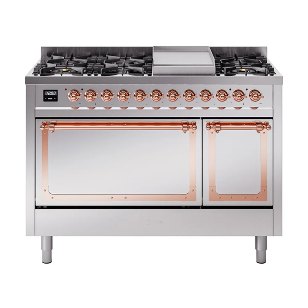 ILVE Nostalgie II Noblesse 48-Inch Dual Fuel Freestanding Range with Solid Door Oven in Stainless Steel with Copper Trim (UN48FQNMPSSP)