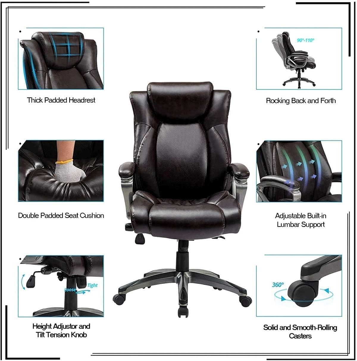 High Back Computer Desk Chair Ergonomic Executive Office Chair with Bonded Leather and Lumbar Support, Padded Armrest Swivel Chair for Office (Khaki)