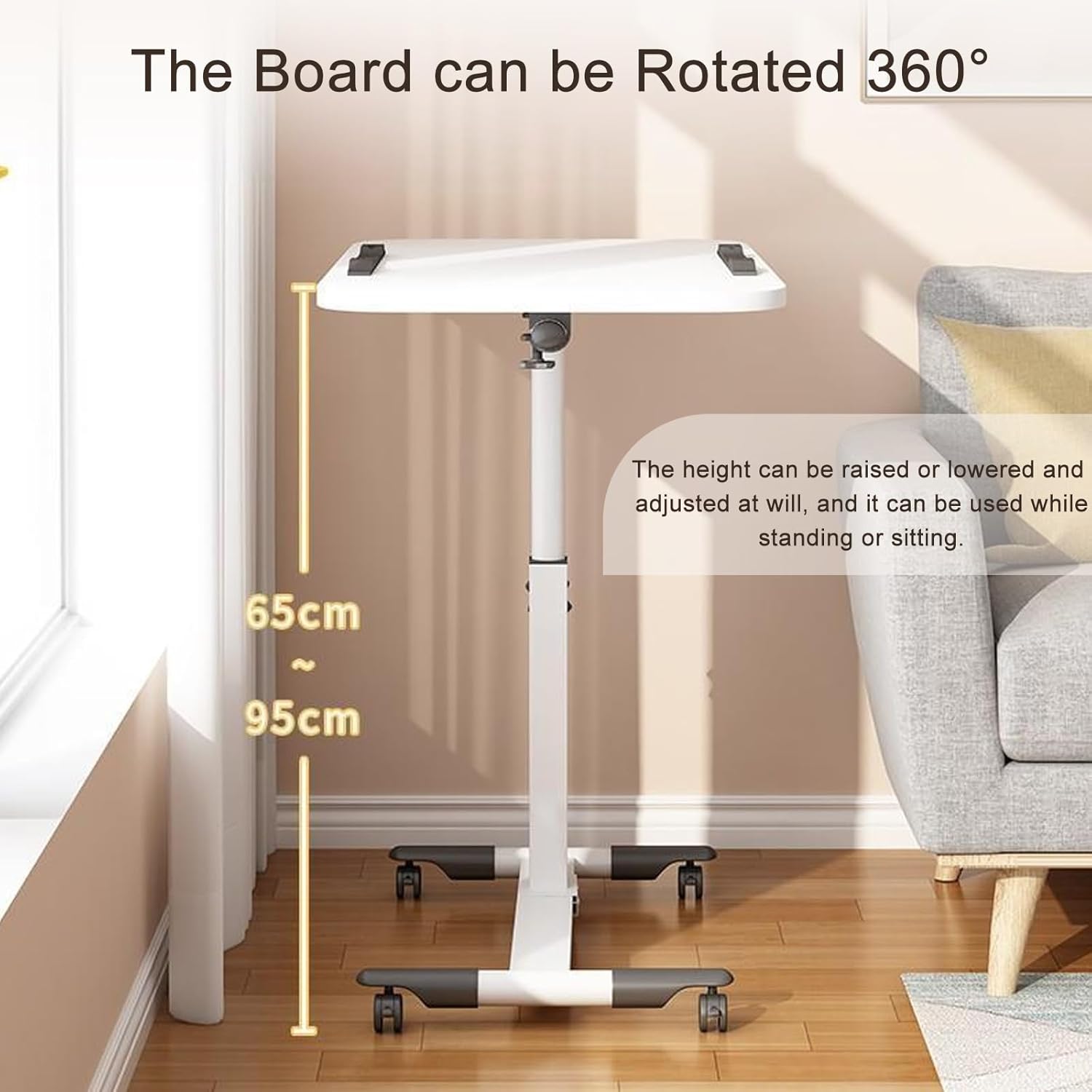 Bedside Rolling Overbed Table, Non Tilt Top with Wheels and Secure Height Adjustment, Portable Rolling Desk, Mobile Small Standing Desk, for Home Use(White)