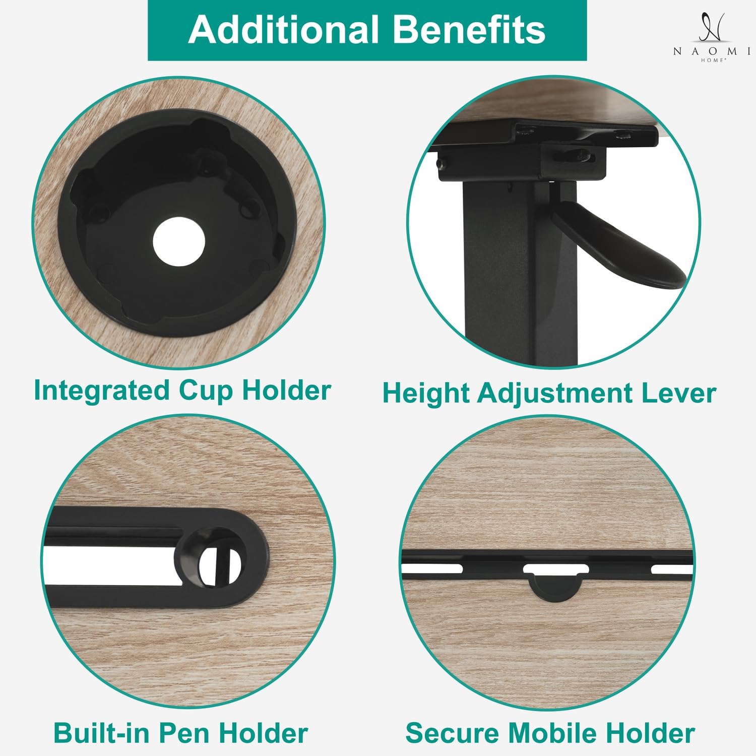 Naomi Home Tamara Adjustable Bed Desk with Wheels – Heavy-Duty Rolling Laptop Table with USB & C-Type Charging, Cup Holder and Hidden Casters Natural,Black