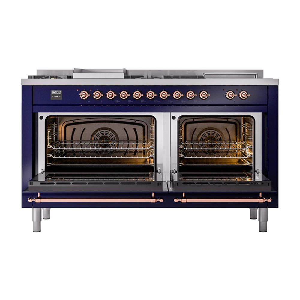 ILVE 60-Inch Nostalgie II Noblesse Dual Fuel Range with 7 Sealed Burners, Griddle, French Top, and Solid Door Oven in Midnight Blue with Copper Trim (UN60FSQNMPMBP)