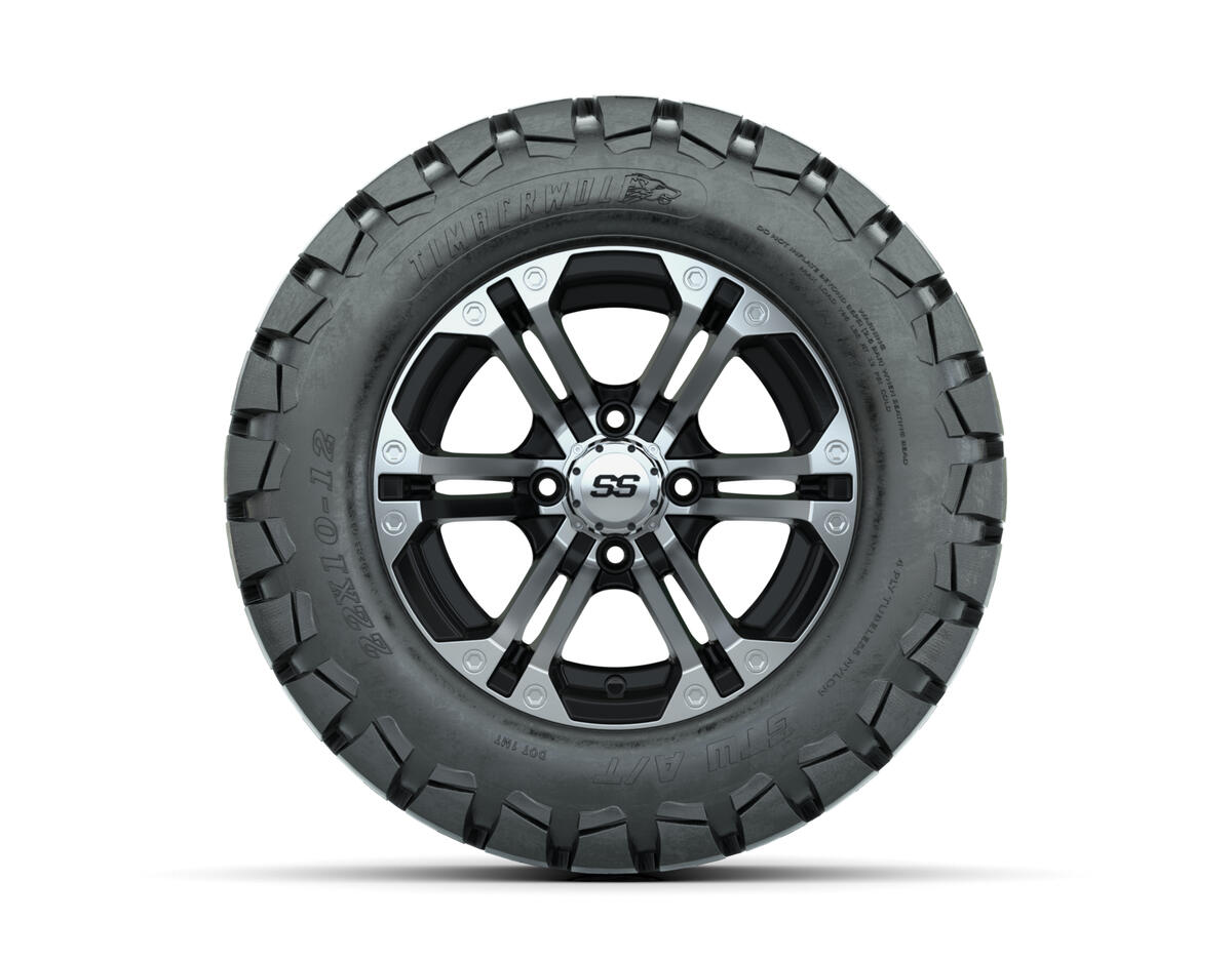 12” GTW Specter Black/Machined Lifted Golf Cart Wheels on 22” Trail Tires – Set of 4