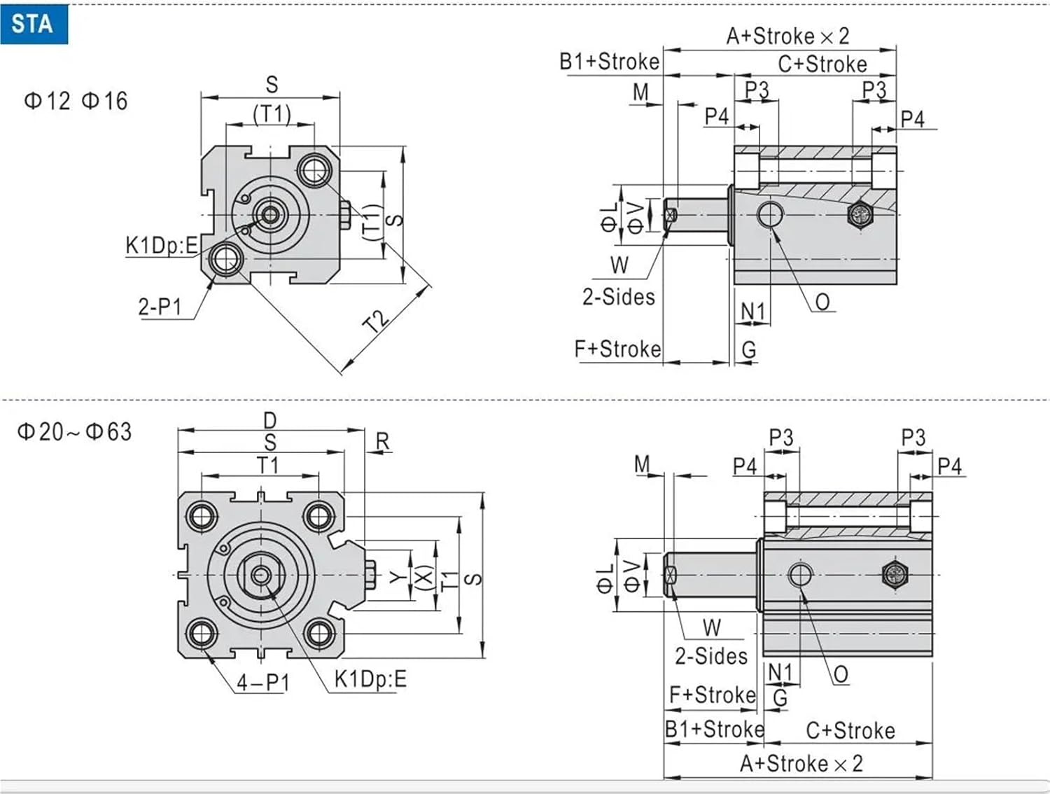 STA series compact single acting cylinder (spring extended), cylinder diameter 16-80mm, multiple short stroke options (5-50mm)(Bore 25mm,Storke 25mm)