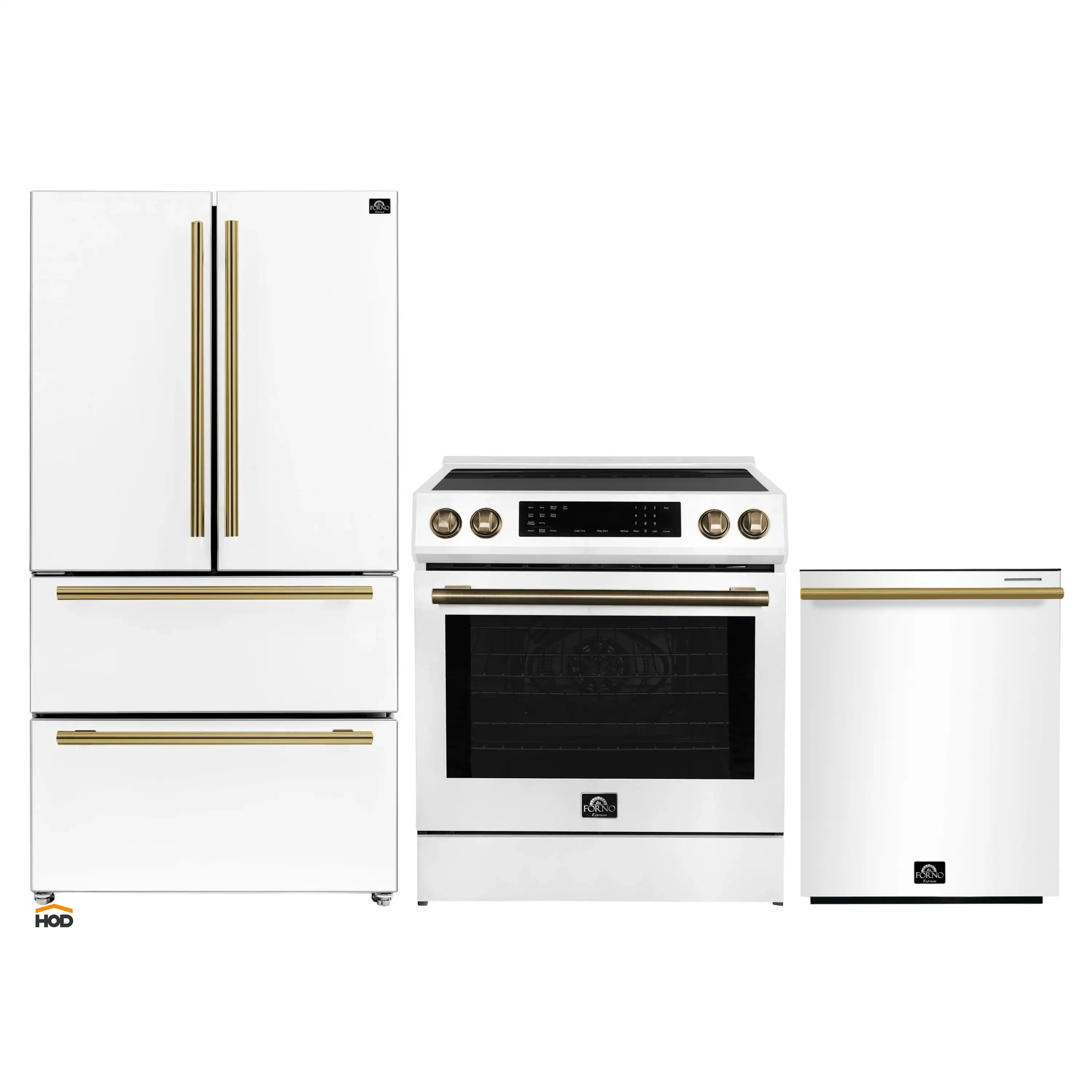 Forno Espresso 3-Piece Appliance Package - 30-Inch Induction Range, Refrigerator and Dishwasher in White with Antique Brass Trim