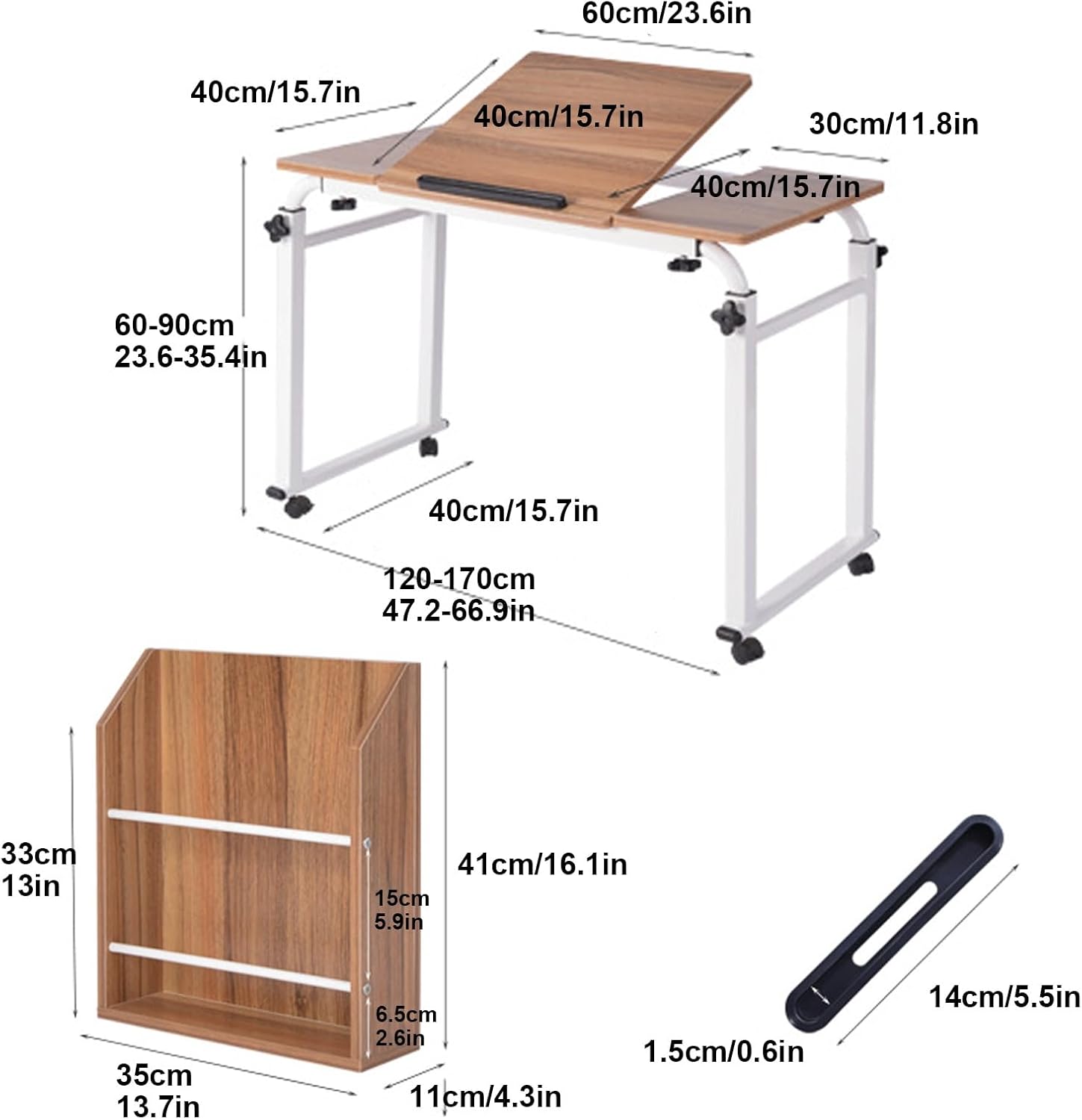Over Bed Table, Over The Bed Table with Wheels, Rolling Bed Table, Mobile Desk, King Size Bed Frame, Adjustable Height and Length for Hospital and Home Use (Color : Oak, Size : 120cm/47.2in)