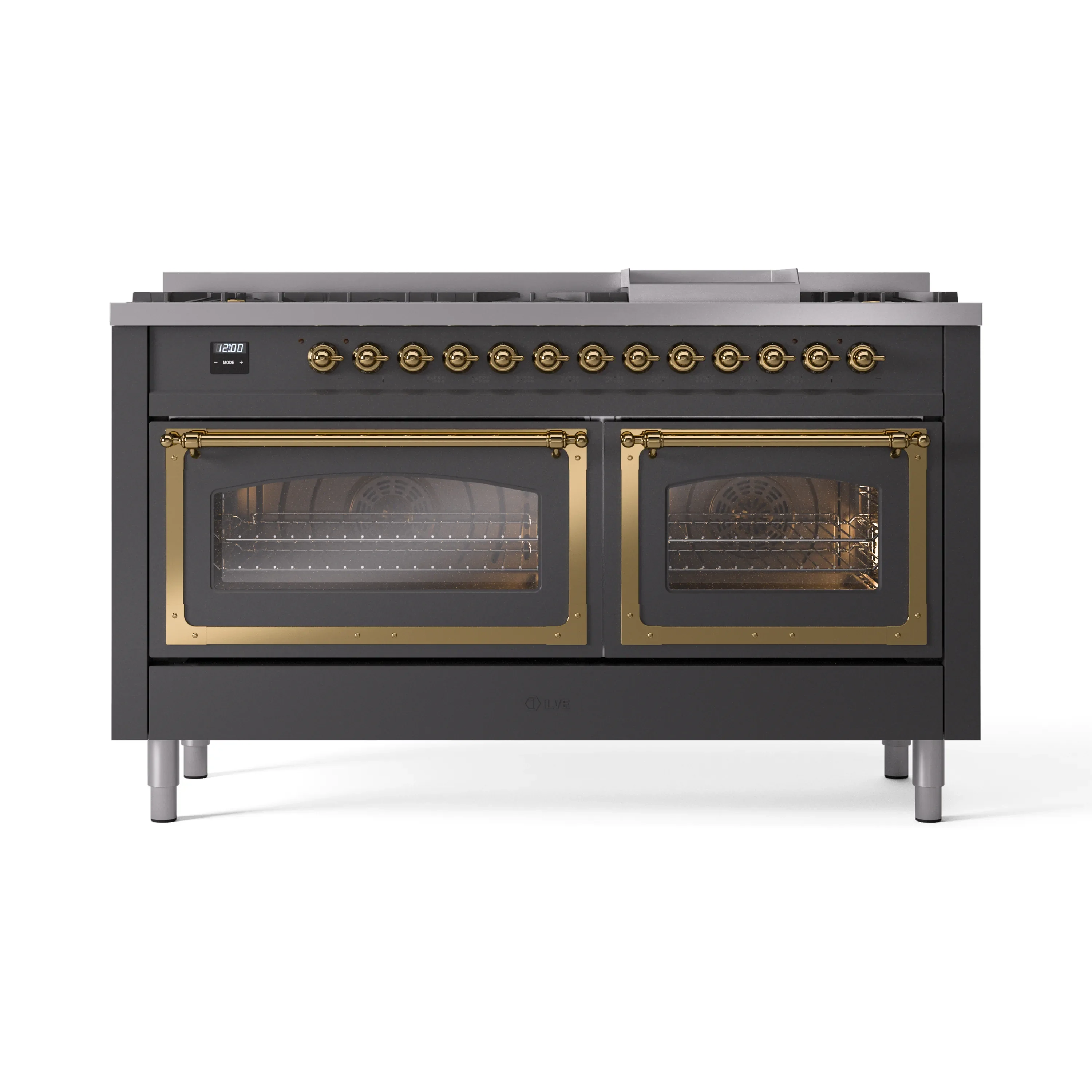 ILVE 60-Inch Nostalgie II Noblesse Dual Fuel Range with 9 Sealed Burners, Griddle, Triple Glass Door Oven in Matte Graphite with Brass Trim (UN60FNMPMGG)
