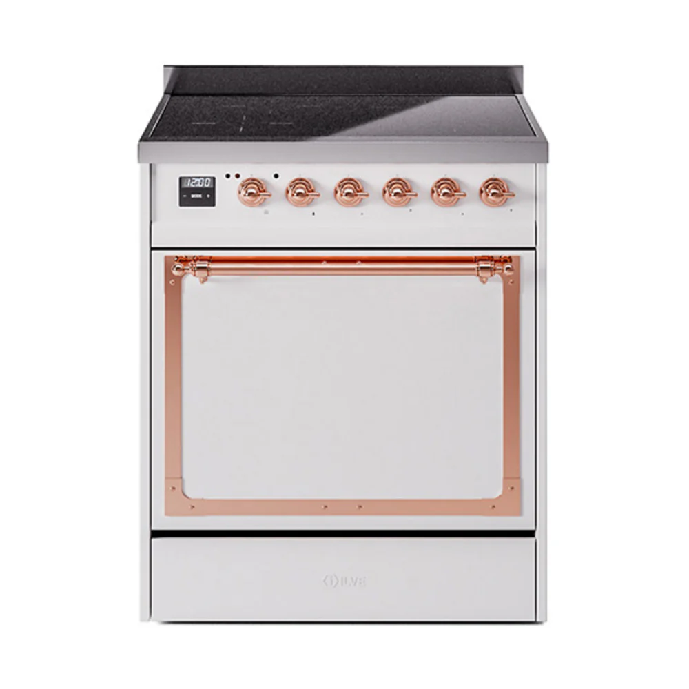 ILVE 30-Inch Nostalgie II Noblesse Induction Range with Solid Door Oven in White with Copper Trim (UNI304QNMPWHP)