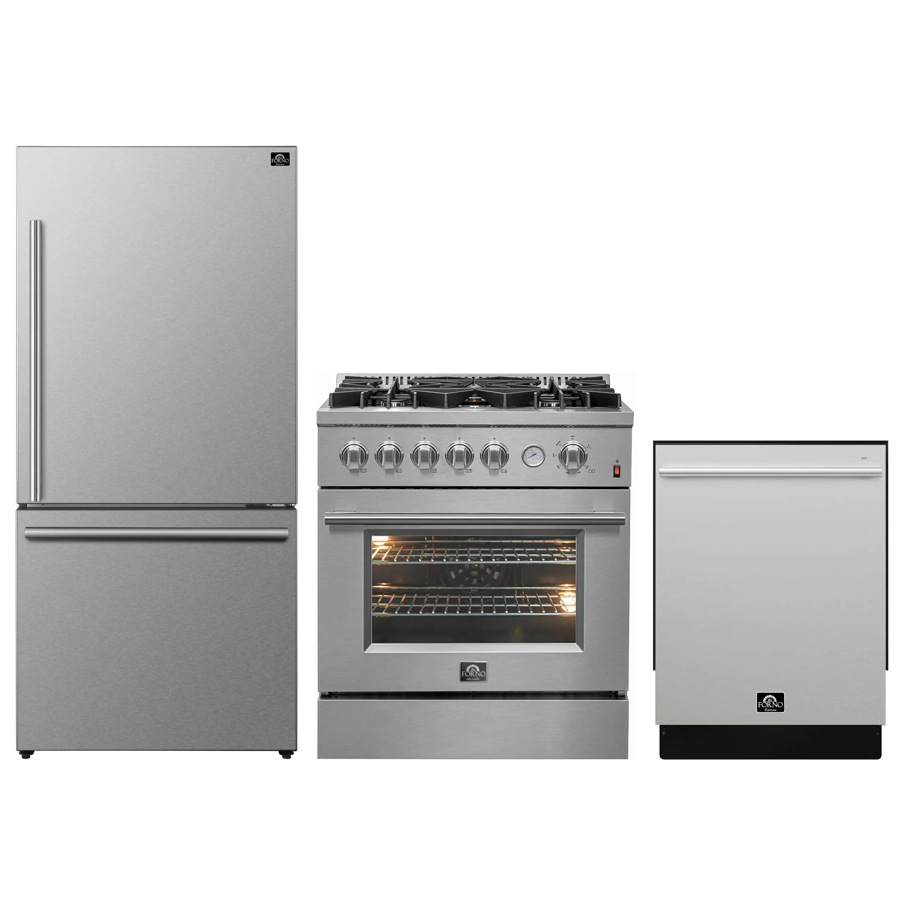 FORNO 3-Piece Appliance Package- 30-Inch Gas Range, 31-Inch Refrigerator, and Built-In Dishwasher in Stainless Steel (FBDL-012-01CAUS)