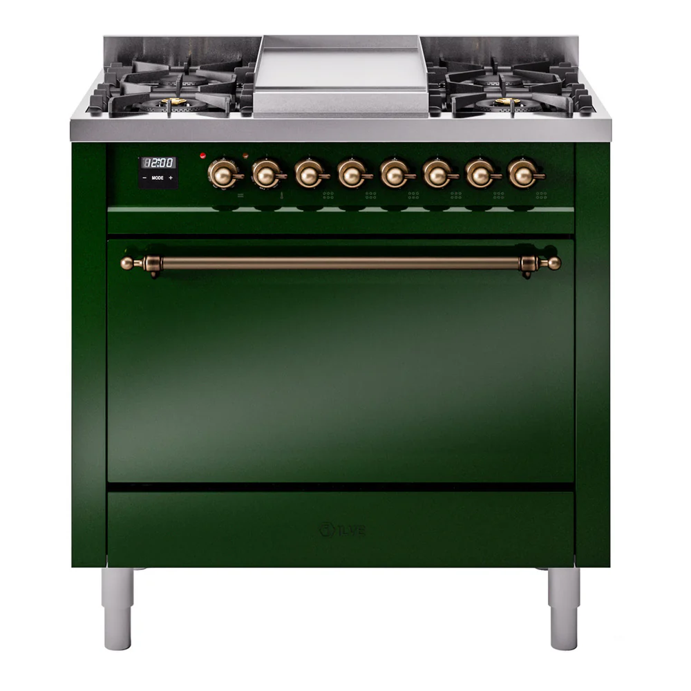 ILVE 36-Inch Nostalgie II Dual Fuel Range with 6 Burners and Solid Door Oven in Emerald Green with Bronze Trim (UP36FQNMPEGB)