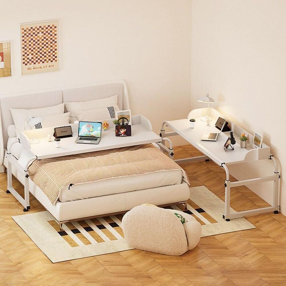 Overbed Bedside Table with Rolling Wheels Mobile Over Bed King Queen Laptop Food Tray Desk Rolling Medical Tablestanding Workstation Height/Widthadjustable(Wood Grain)