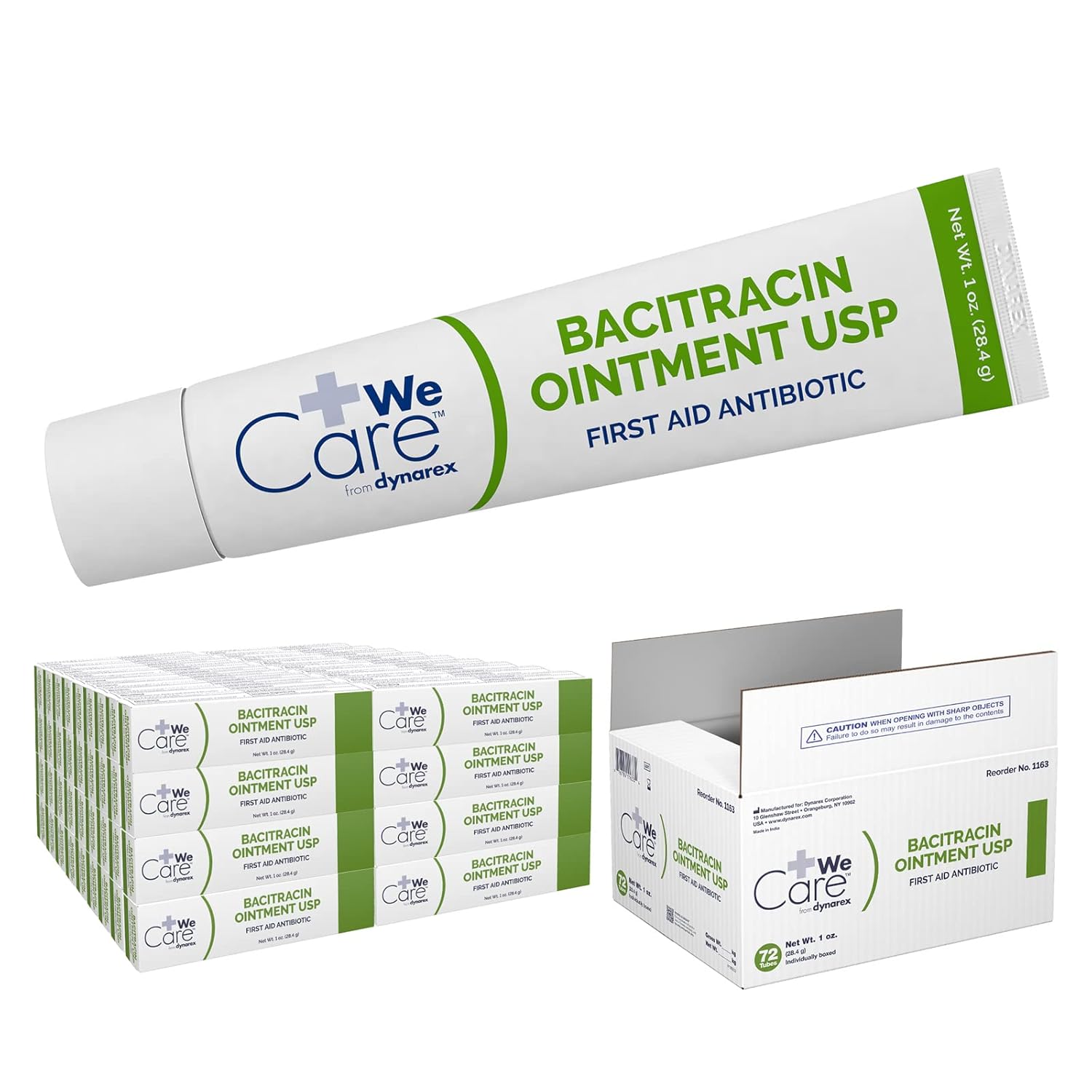 Dynarex Bacitracin Topical Ointment USP - First Response Wound Care Supplies for Minor Cuts, Scrapes & Burns - Helps Keep Wounds Clean - 1 Case - 72 Count, 1 oz. Tubes