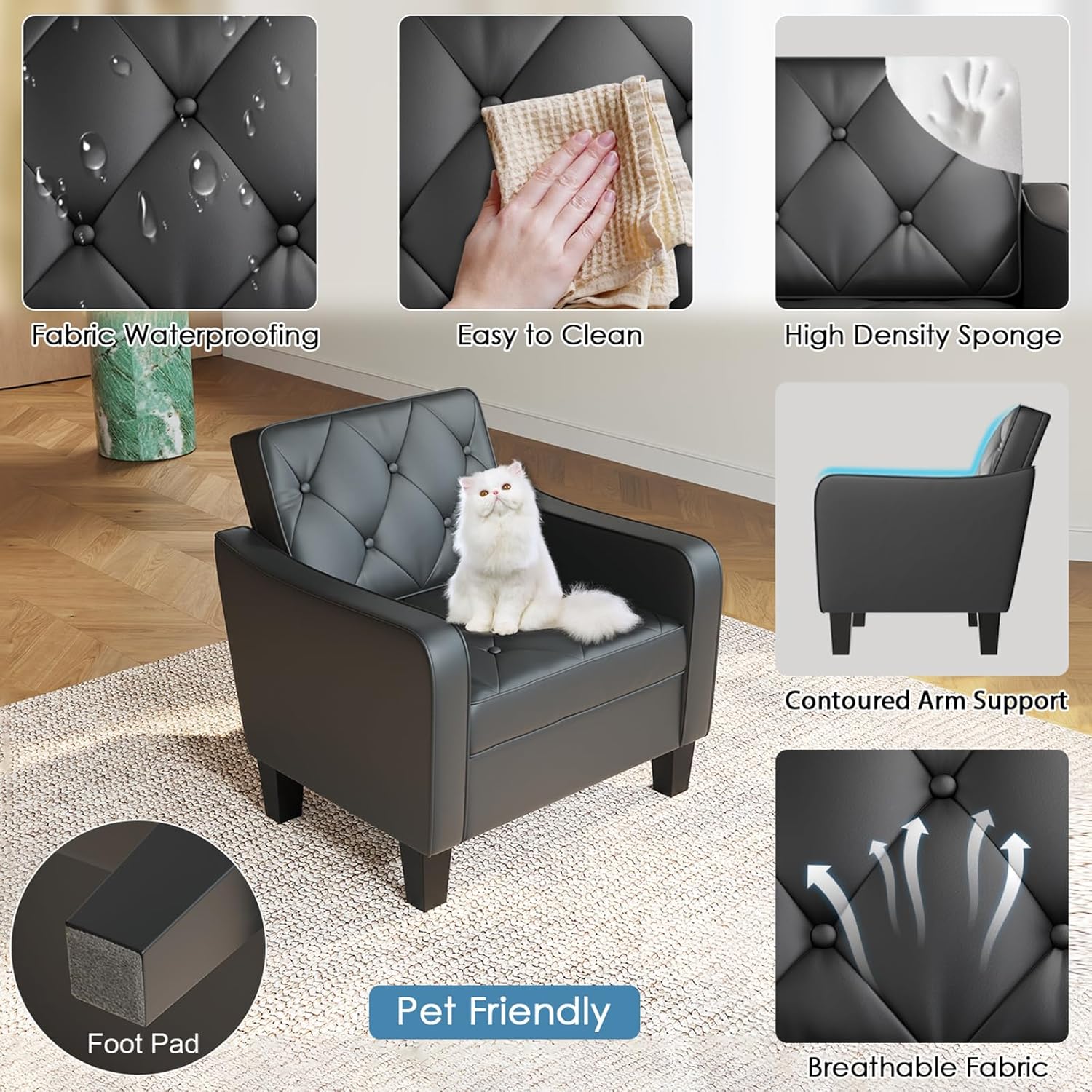 STHOUYN Living Room Arm Chairs Set of 2, Black Faux Leather Accent Chair, Waiting Room Chairs, Office Reading Chair for Guest (2, Black)