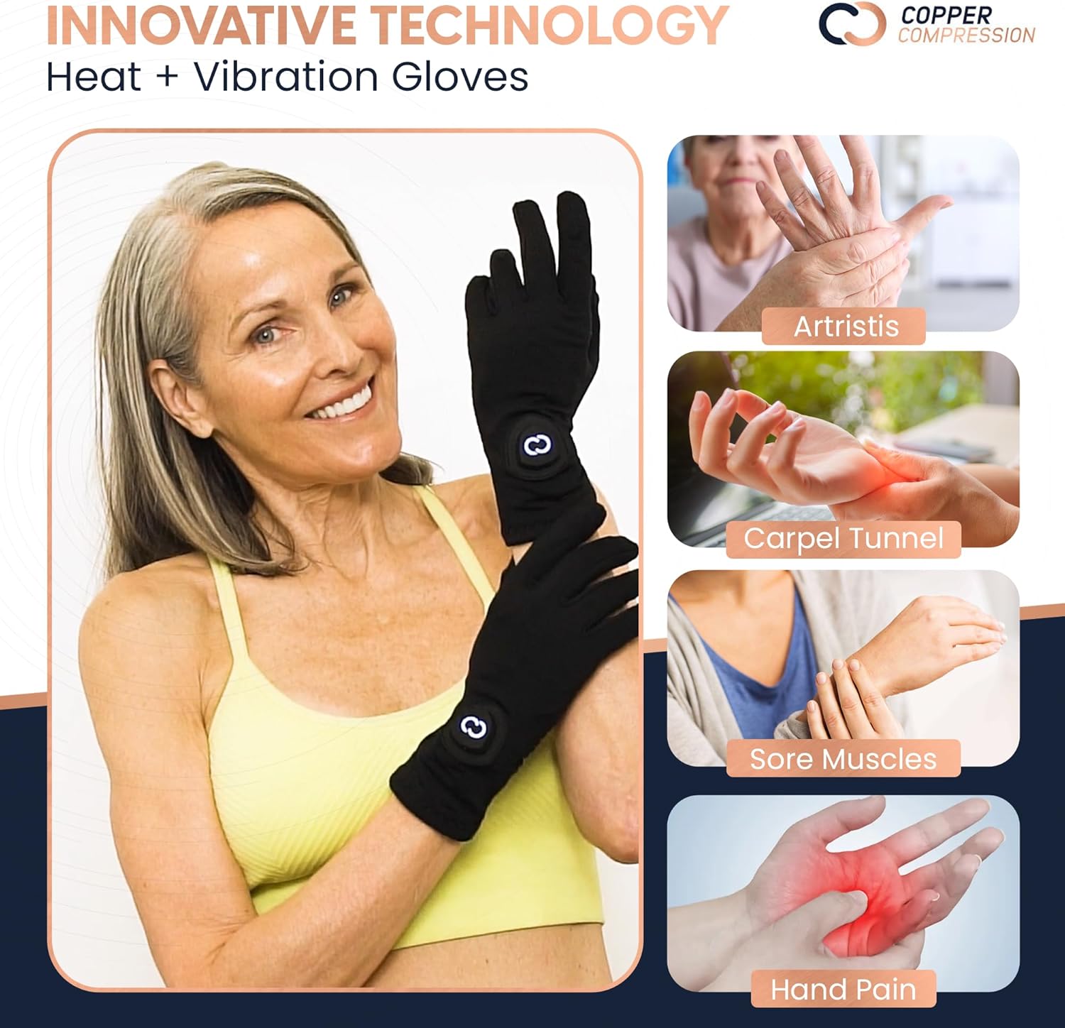 Copper Compression CopperVibe Vibration & Heat Gloves - Heated Hand Massage - FSA Flexible Spending Account